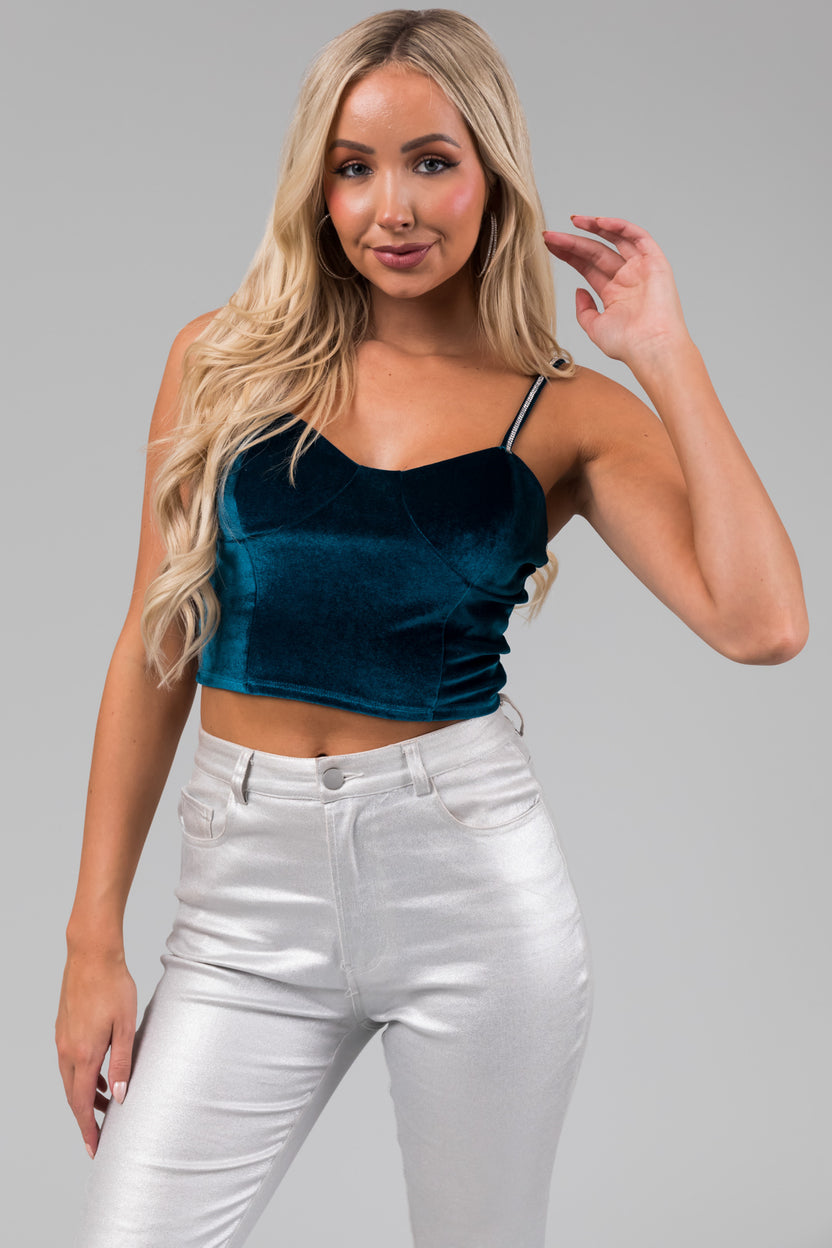 Teal Rhinestone Strap Velvet Bustier Crop Top