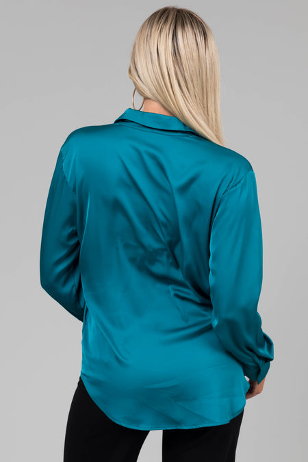 Teal Satin Button Front Collared Shirt