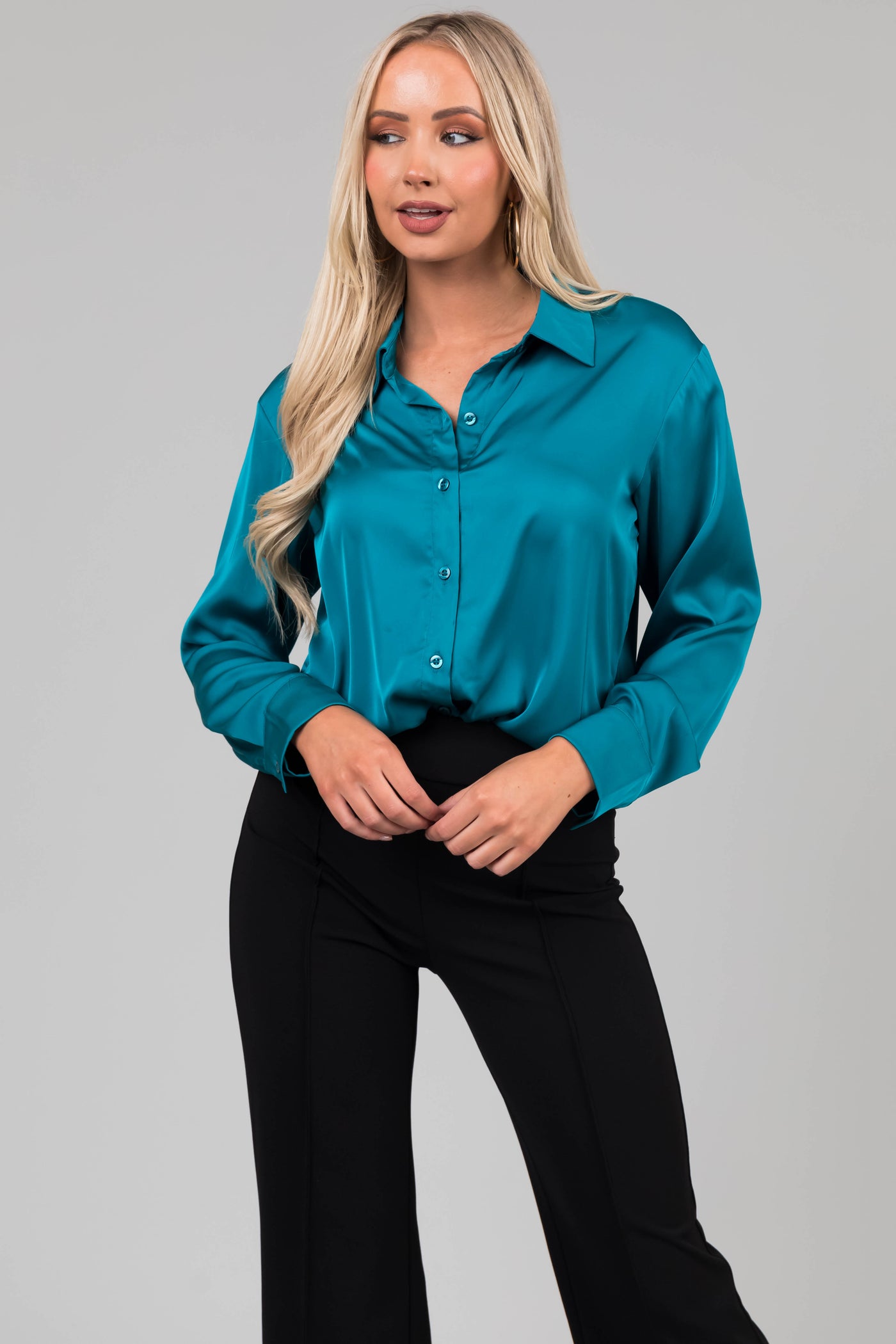 Teal Satin Button Front Collared Shirt