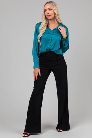 Teal Satin Button Front Collared Shirt