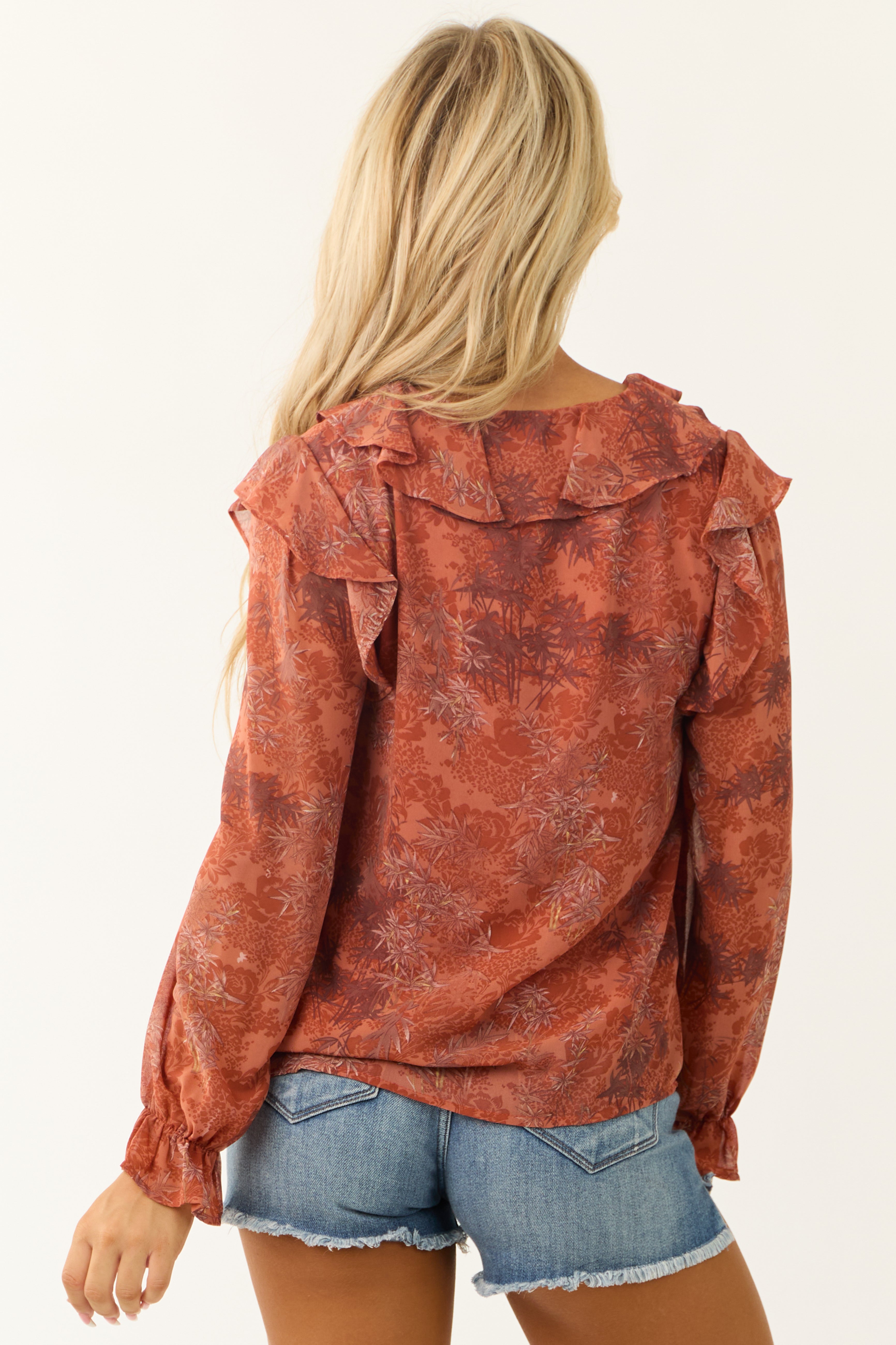 Terracotta Abstract Print Ruffle Front Tie Top