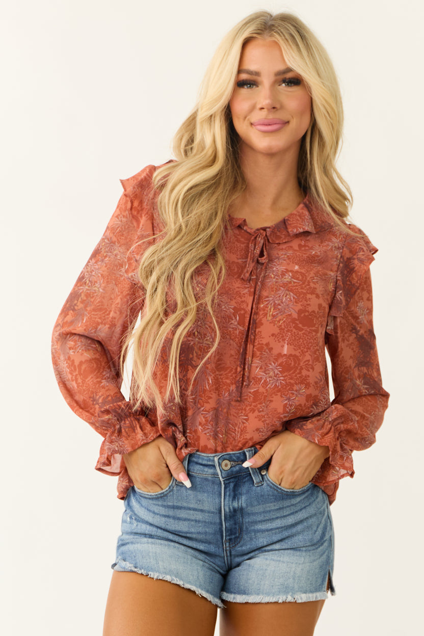 Terracotta Abstract Print Ruffle Front Tie Top
