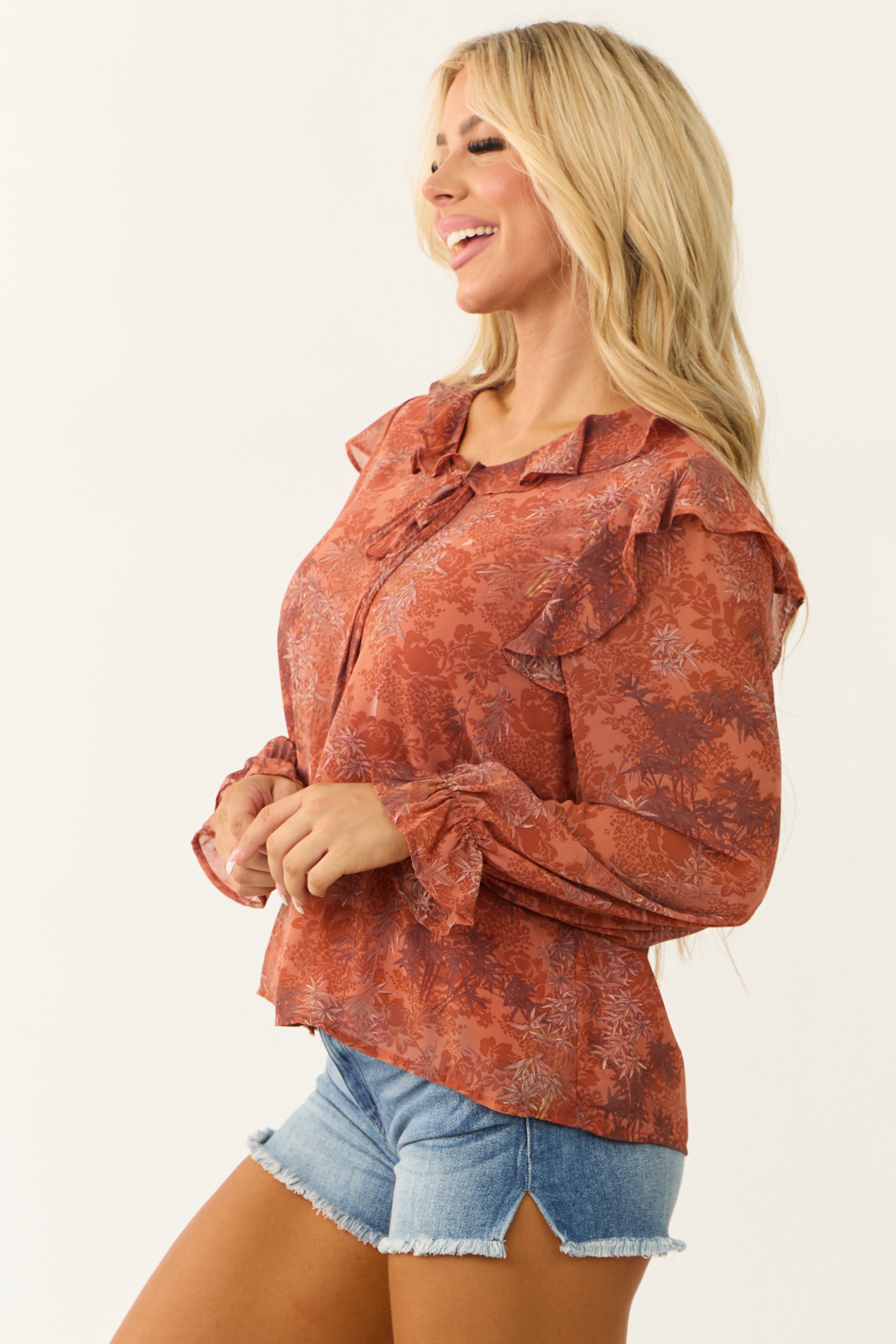 Terracotta Abstract Print Ruffle Front Tie Top