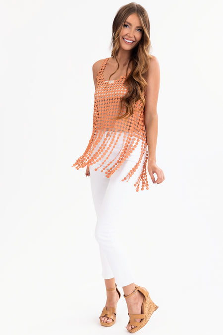 Terracotta Circle Lace Long Fringe Tank Top