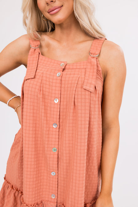 Terracotta Plaid Textured Flowy Mini Dress