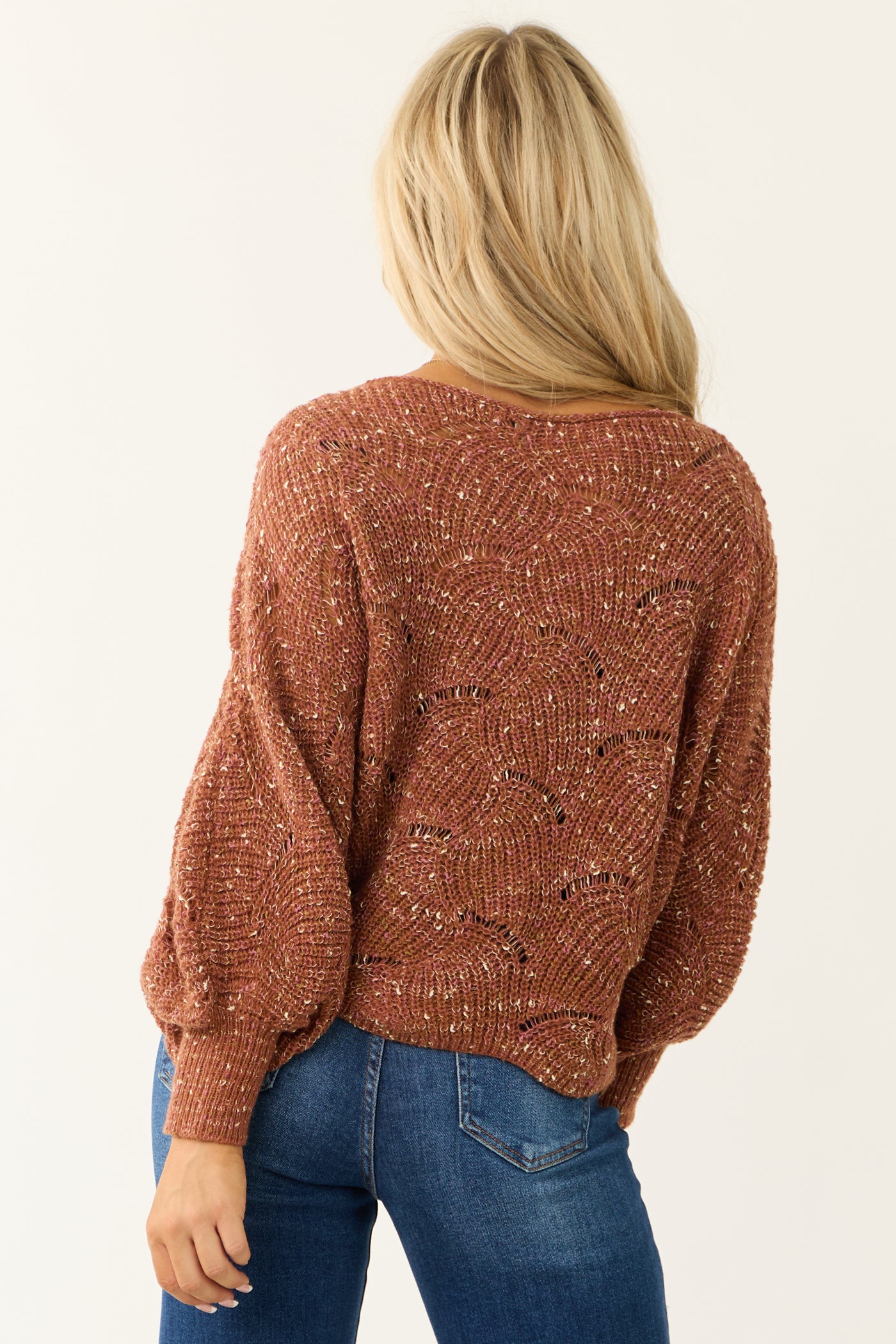 Terracotta Pointelle Long Balloon Sleeve Sweater