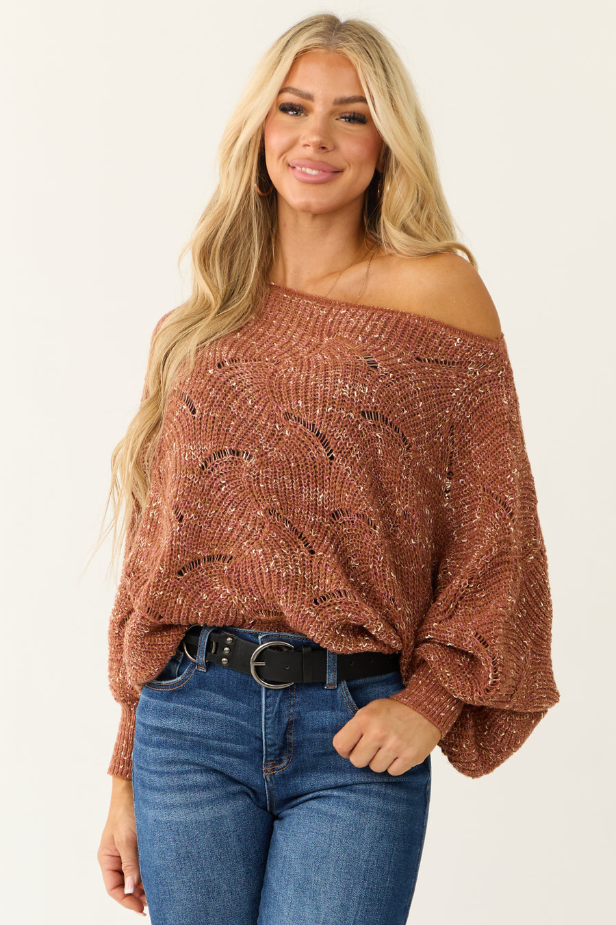 Terracotta Pointelle Long Balloon Sleeve Sweater