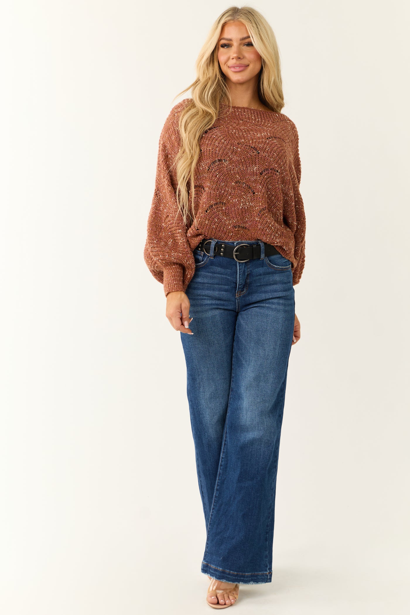 Terracotta Pointelle Long Balloon Sleeve Sweater