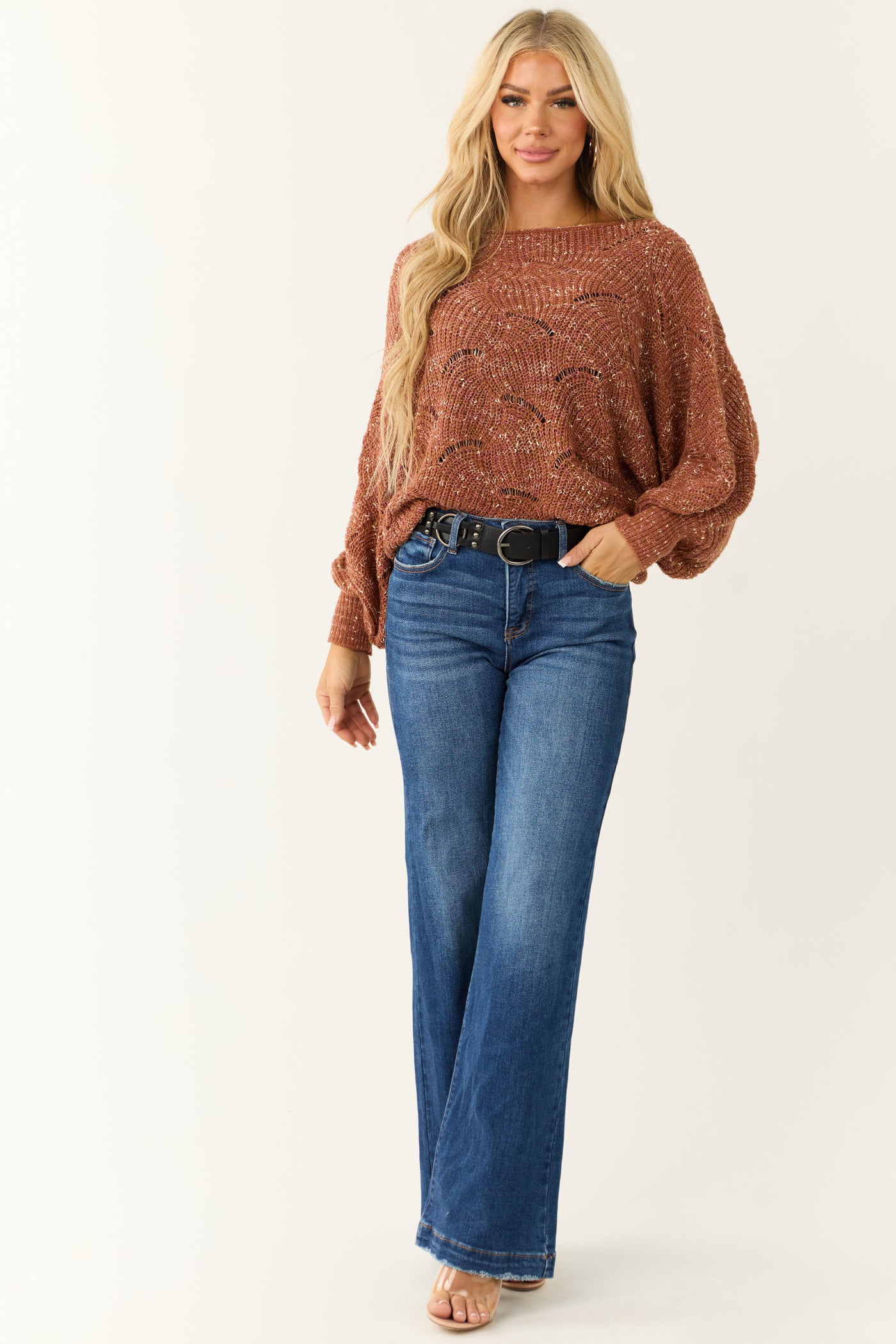 Terracotta Pointelle Long Balloon Sleeve Sweater