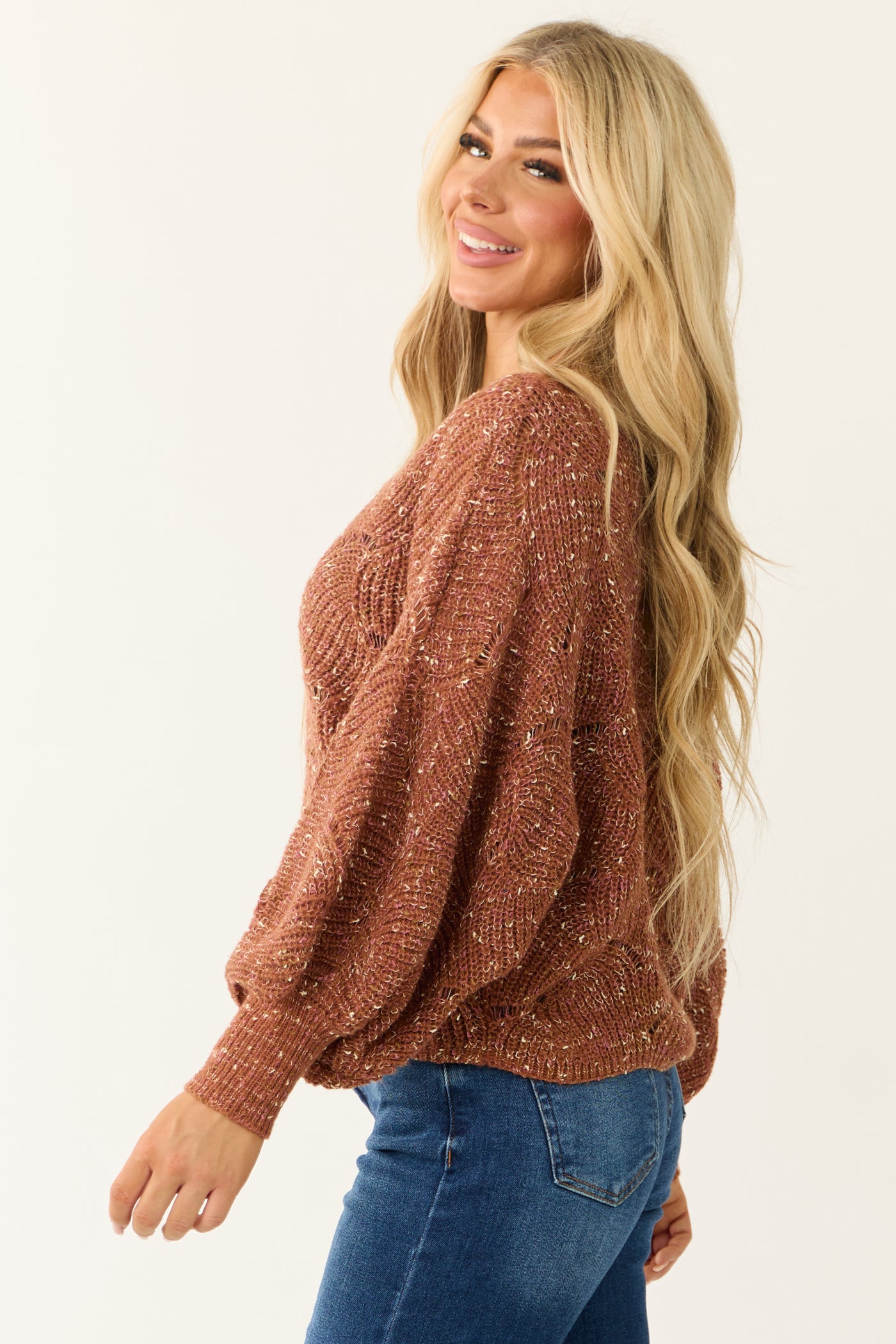 Terracotta Pointelle Long Balloon Sleeve Sweater