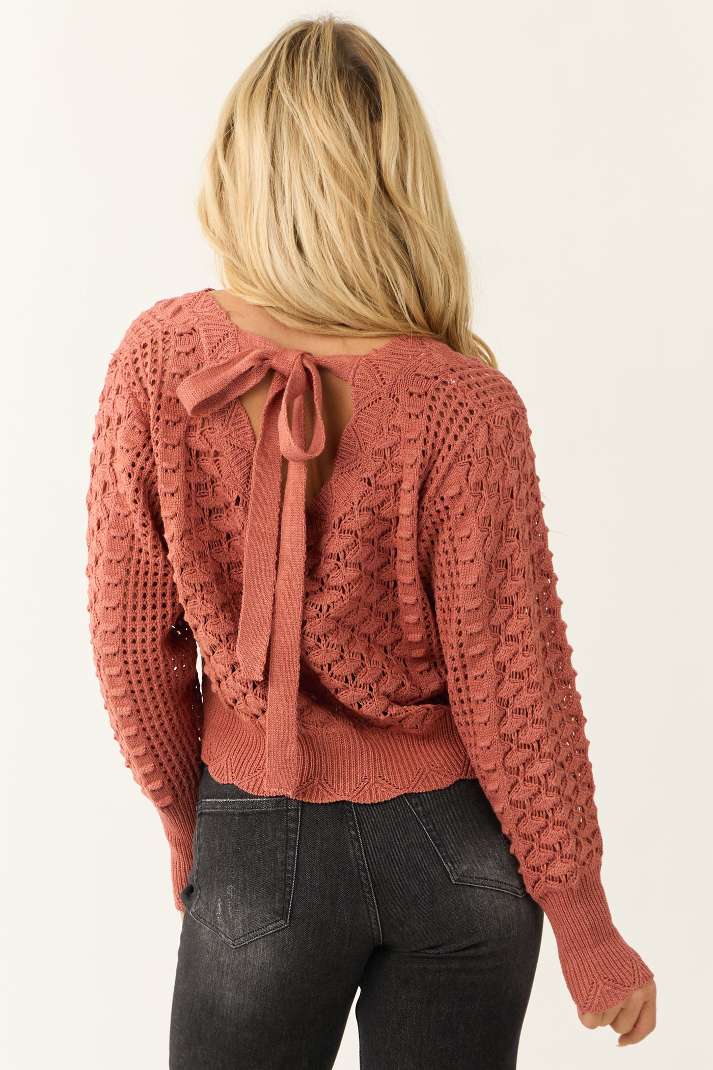 Terracotta Tied Back Open Knit Sweater