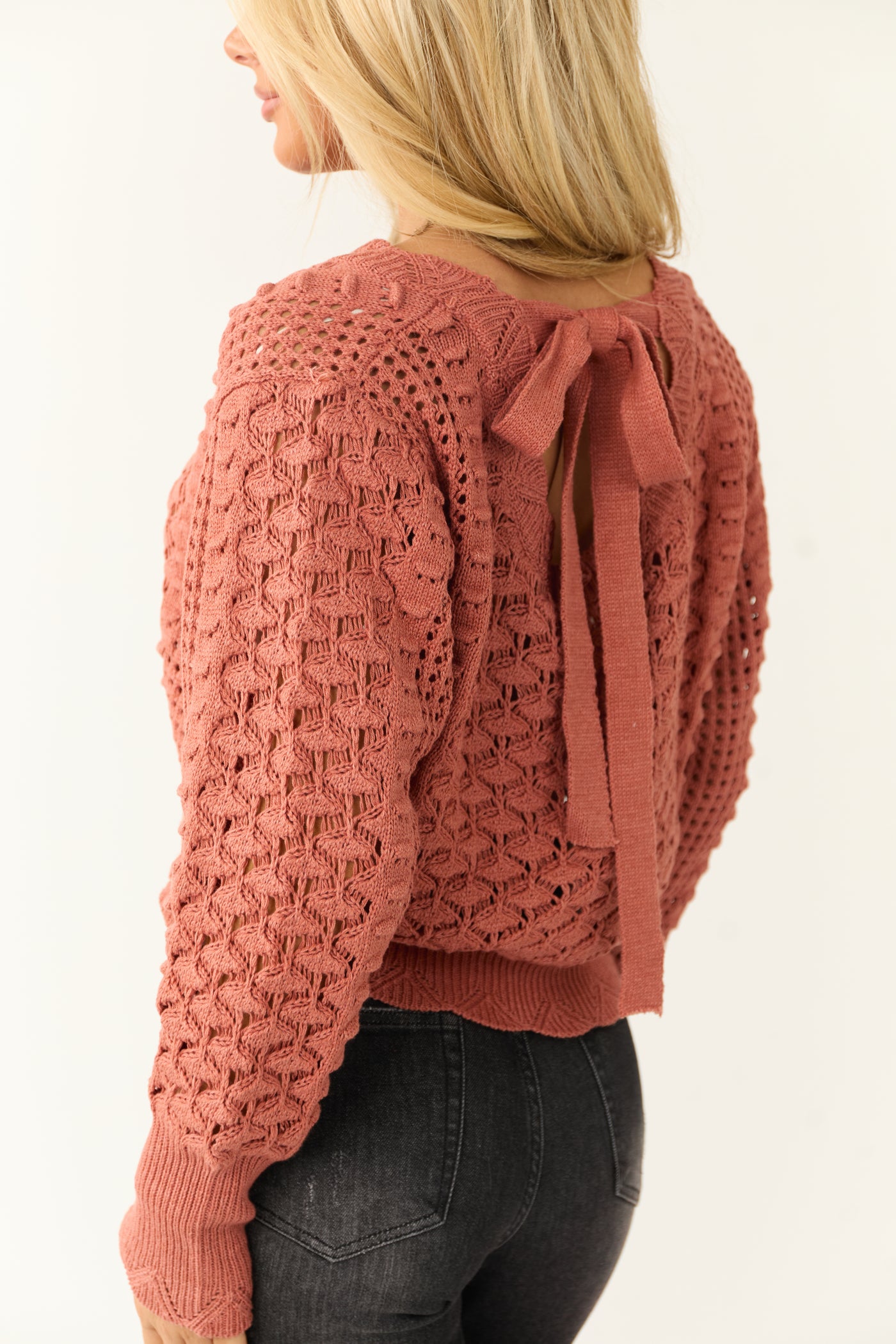 Terracotta Tied Back Open Knit Sweater