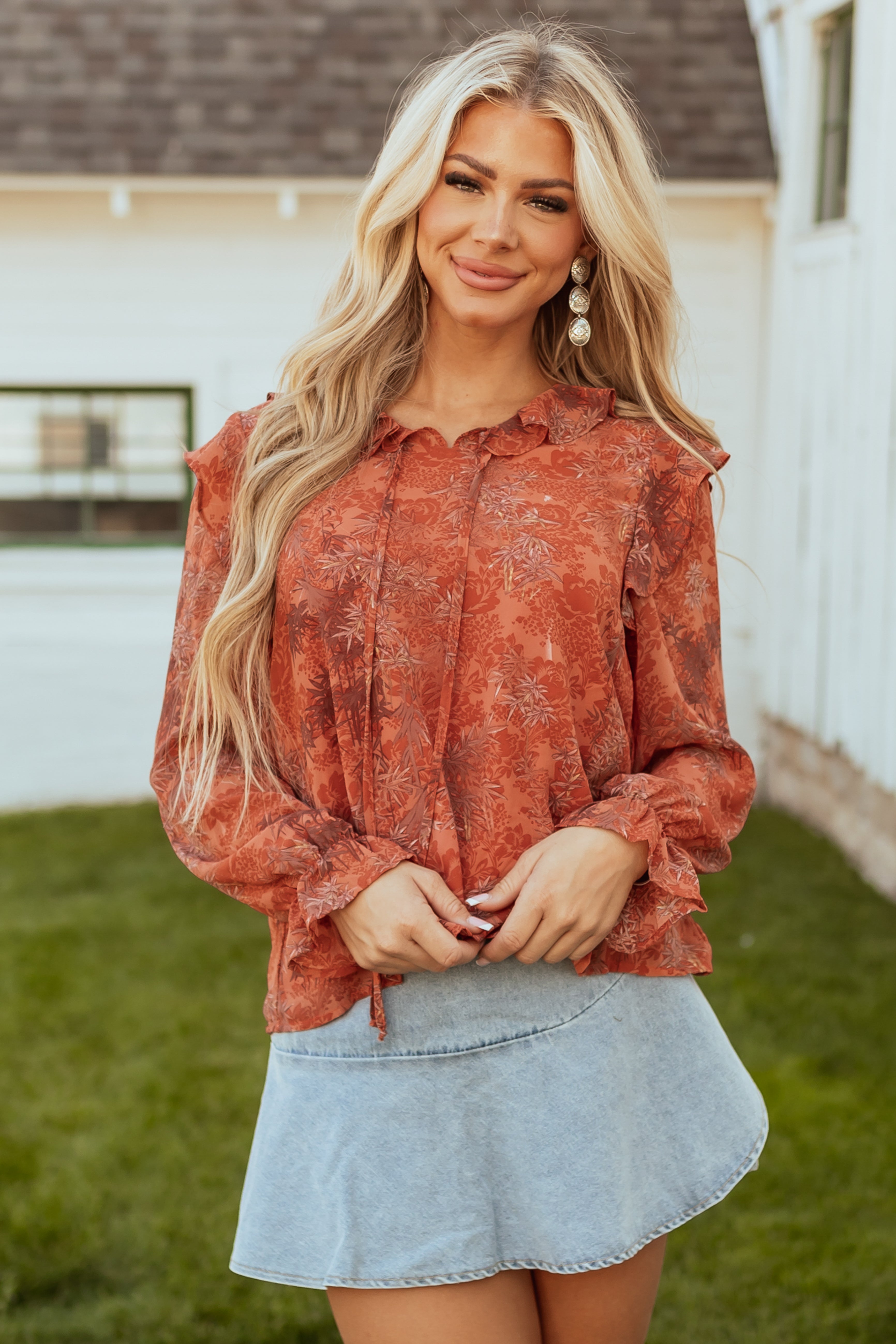 Terracotta Abstract Print Ruffle Front Tie Top