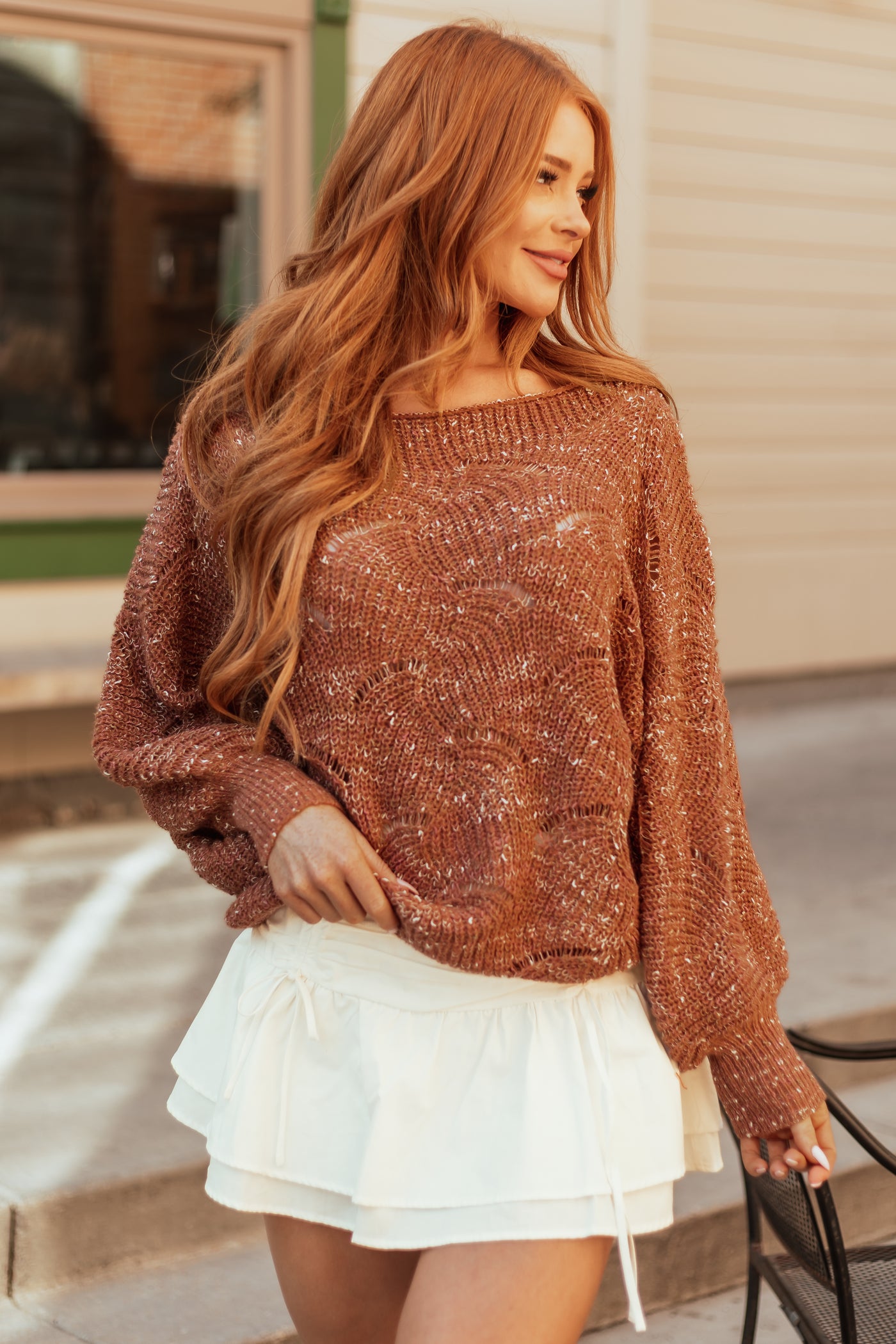 Terracotta Pointelle Long Balloon Sleeve Sweater