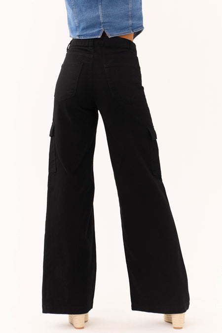 Timing Black High Rise Wide Leg Cargo Jeans with Pockets