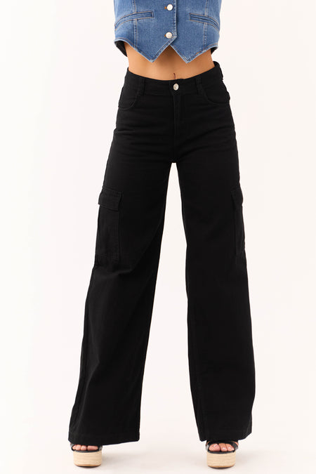 Timing Black High Rise Wide Leg Cargo Jeans with Pockets