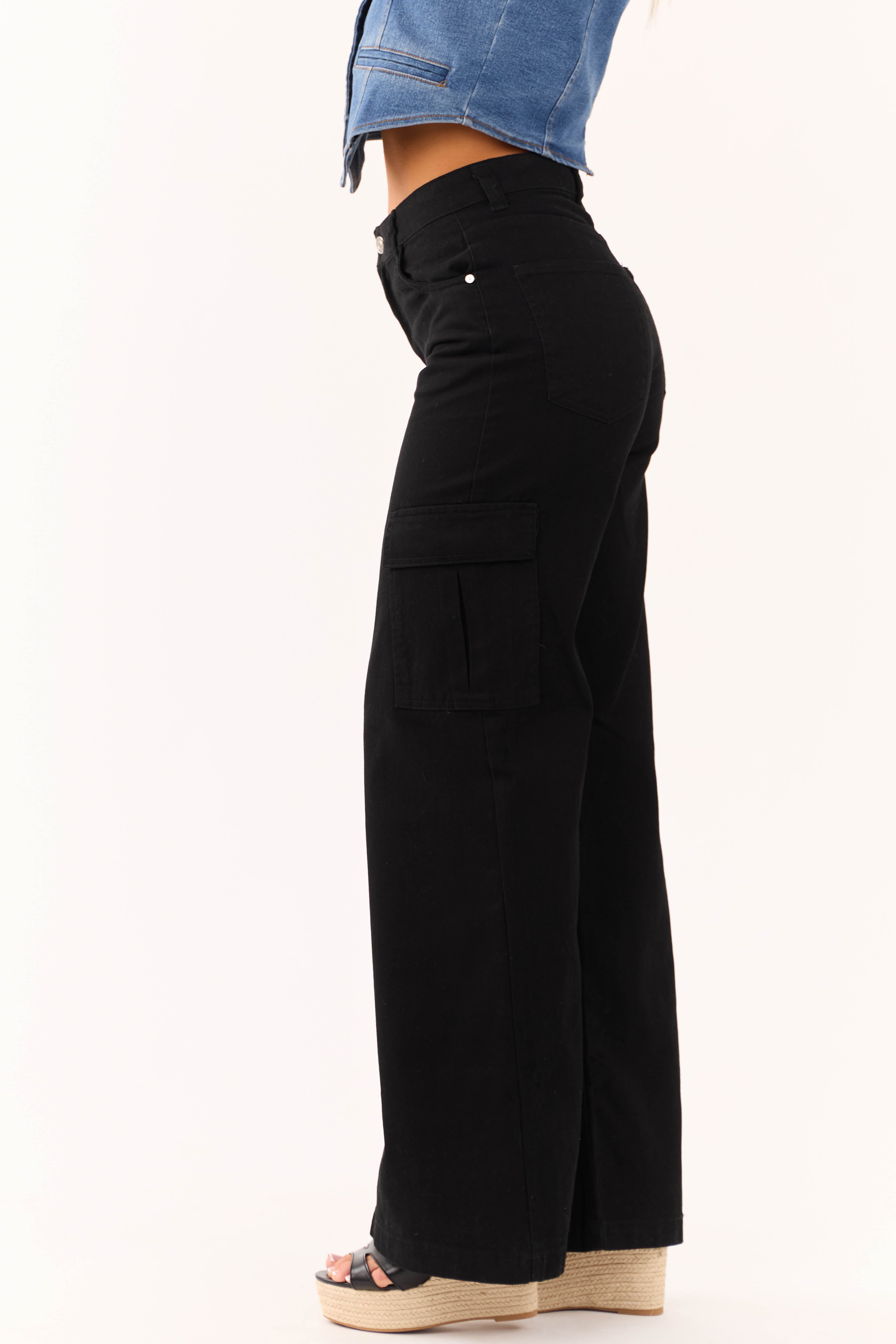 Timing Black High Rise Wide Leg Cargo Jeans with Pockets