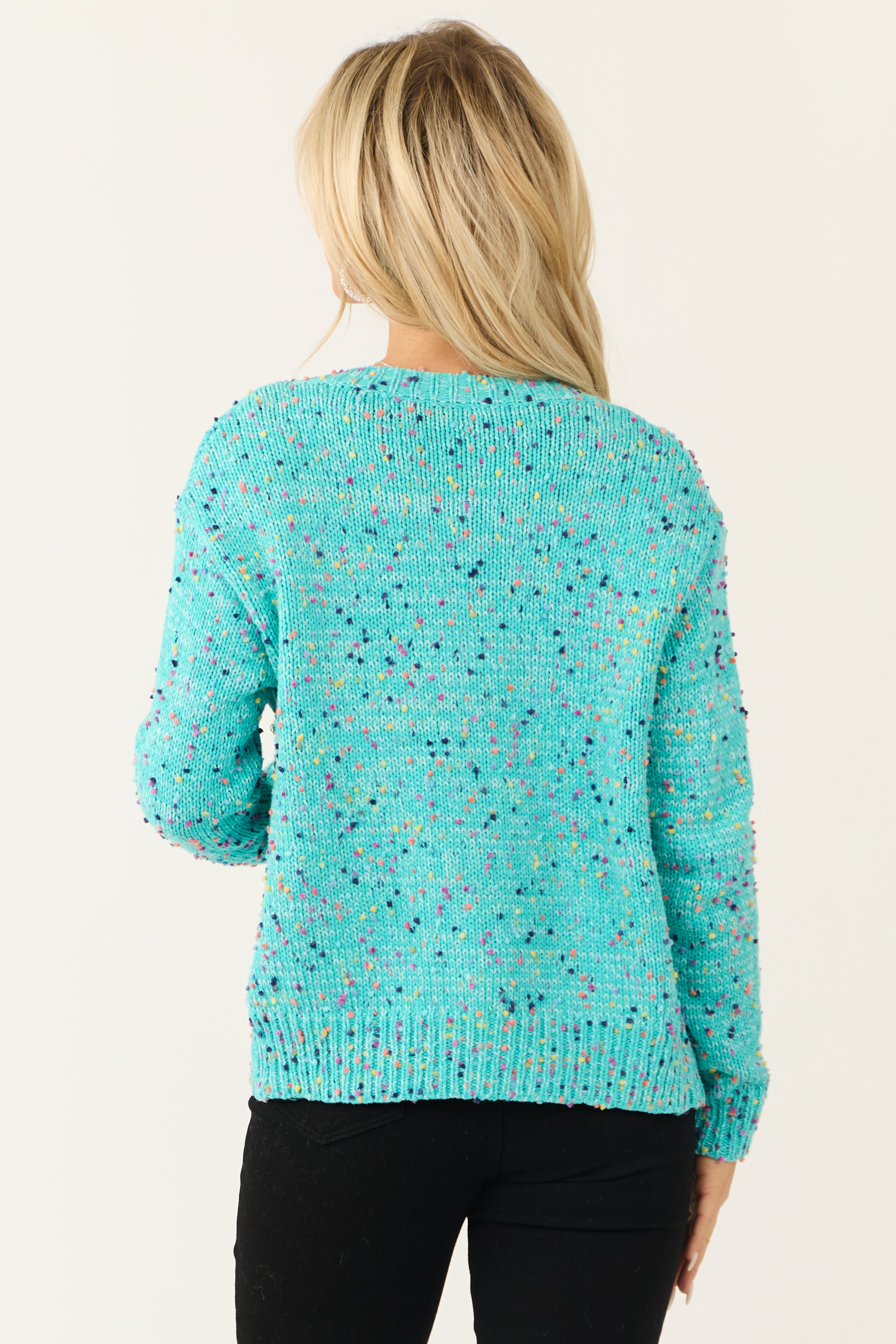 Turquoise Confetti Knit Rhinestone Detail Cardigan