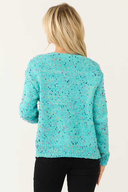 Turquoise Confetti Knit Rhinestone Detail Cardigan