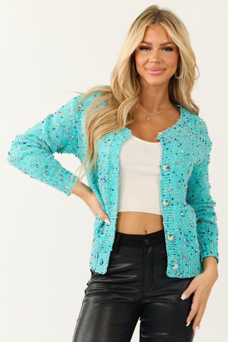 Turquoise Confetti Knit Rhinestone Detail Cardigan