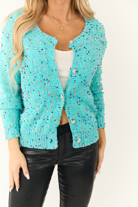 Turquoise Confetti Knit Rhinestone Detail Cardigan