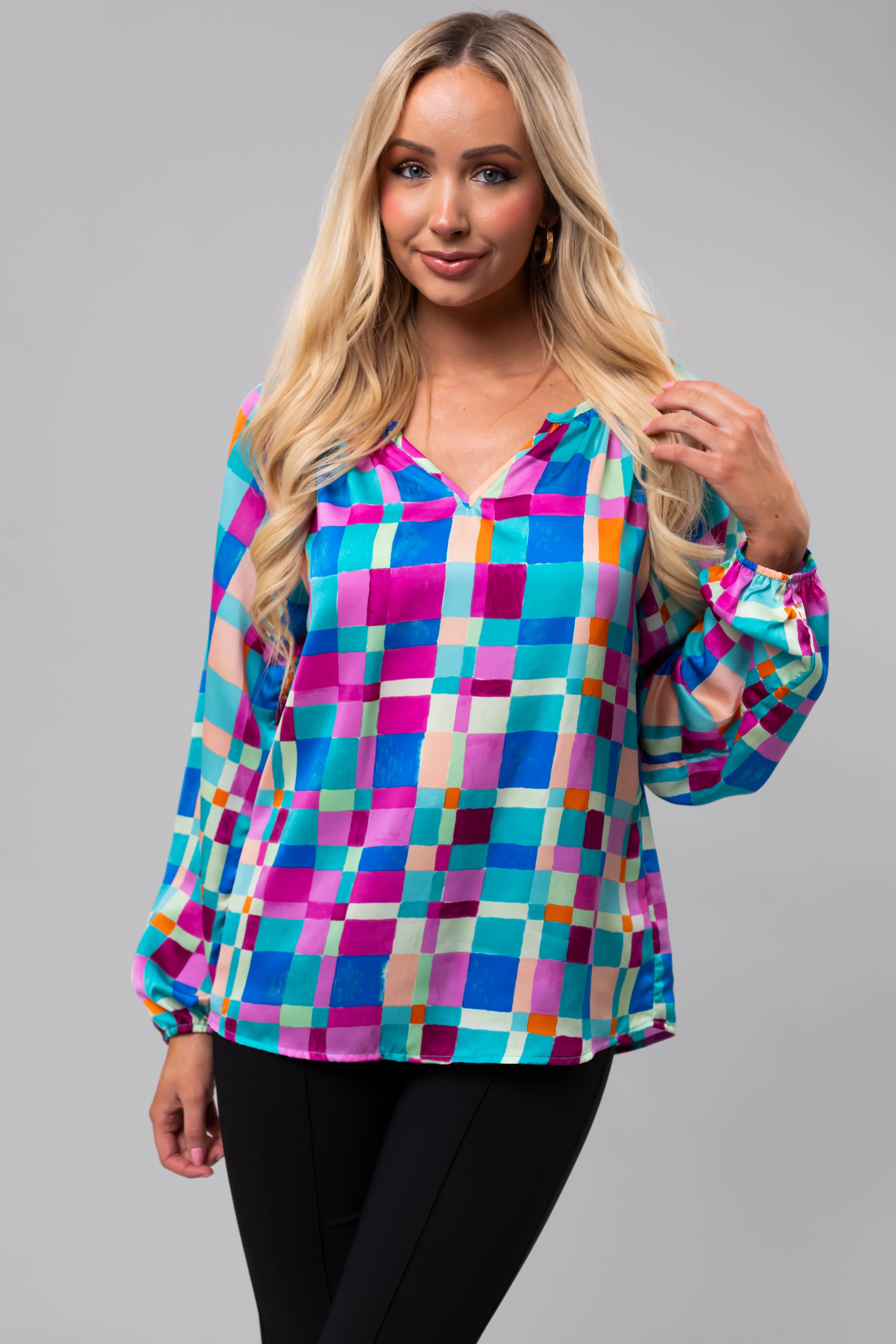 Turquoise Geo Print Long Sleeve V Neck Top