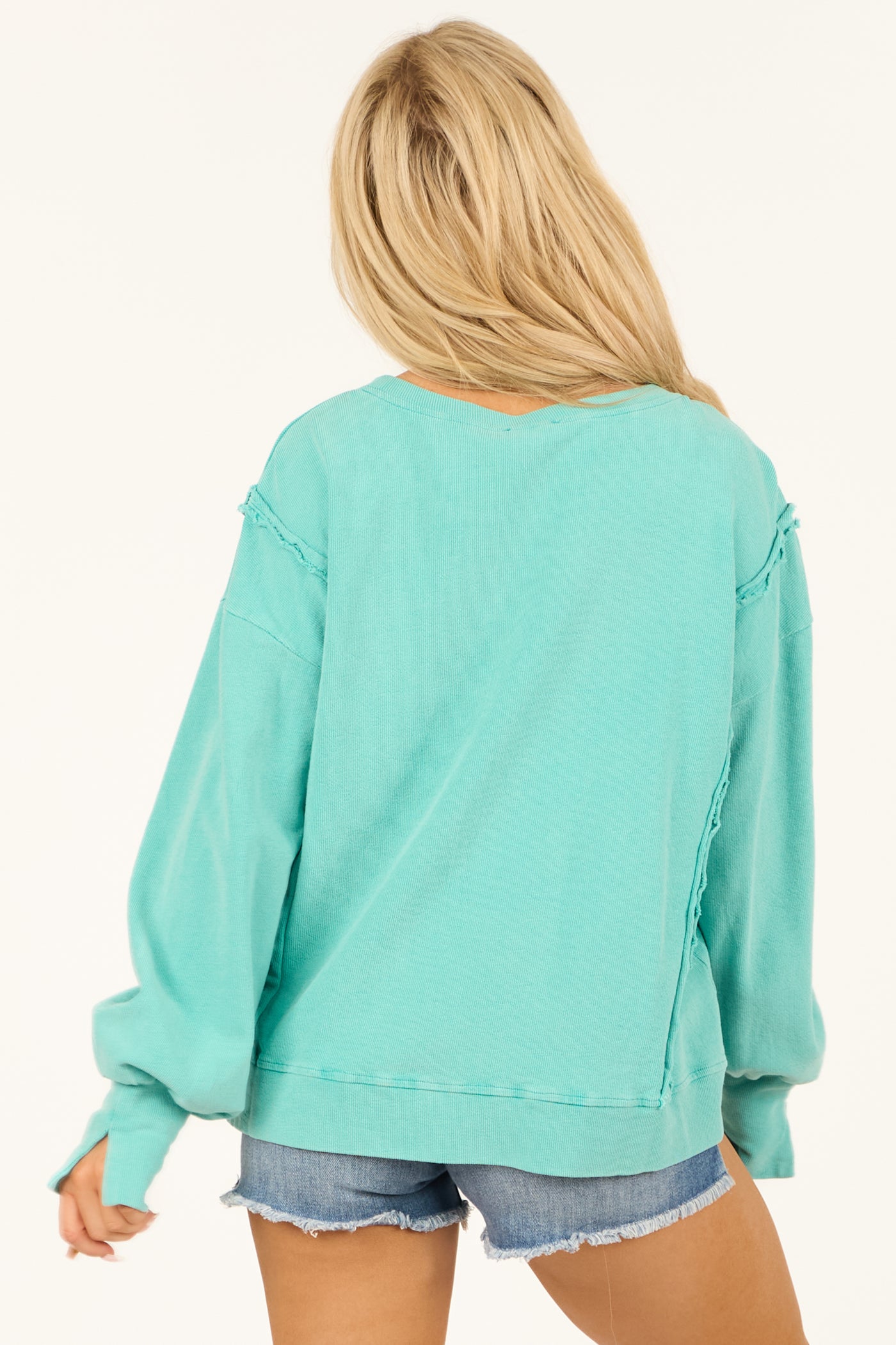 Turquoise Mineral Wash Rib Knit Long Sleeve Top