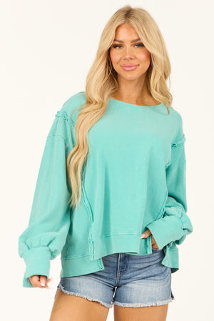 Turquoise Mineral Wash Rib Knit Long Sleeve Top