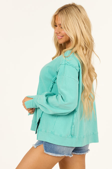 Turquoise Mineral Wash Rib Knit Long Sleeve Top