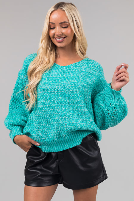 Turquoise Two Tone Oversized Bubble Sleeve Sweater