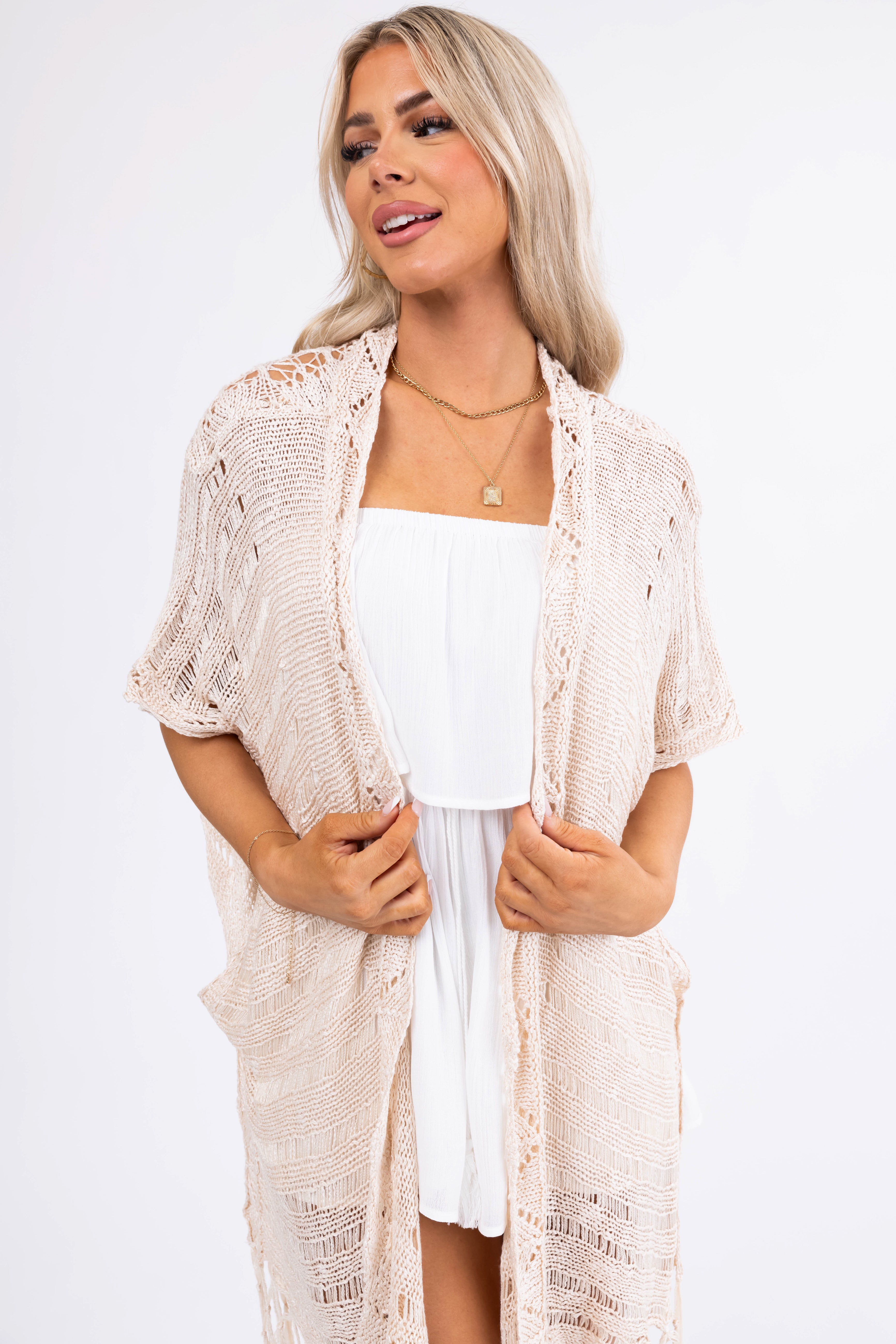 Vanilla Crochet Fringe Half Sleeve Cardigan