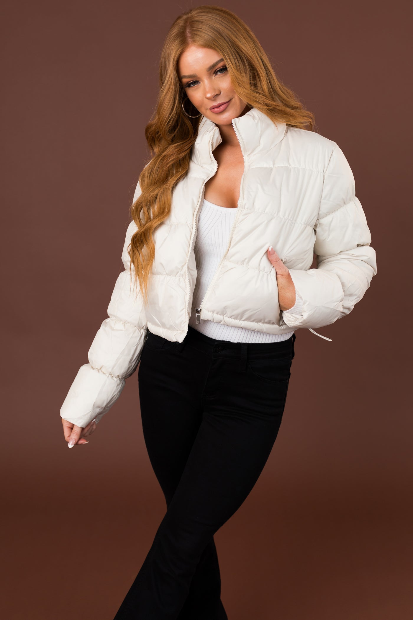 Vanilla Drawstring Hem Cropped Puffer Jacket