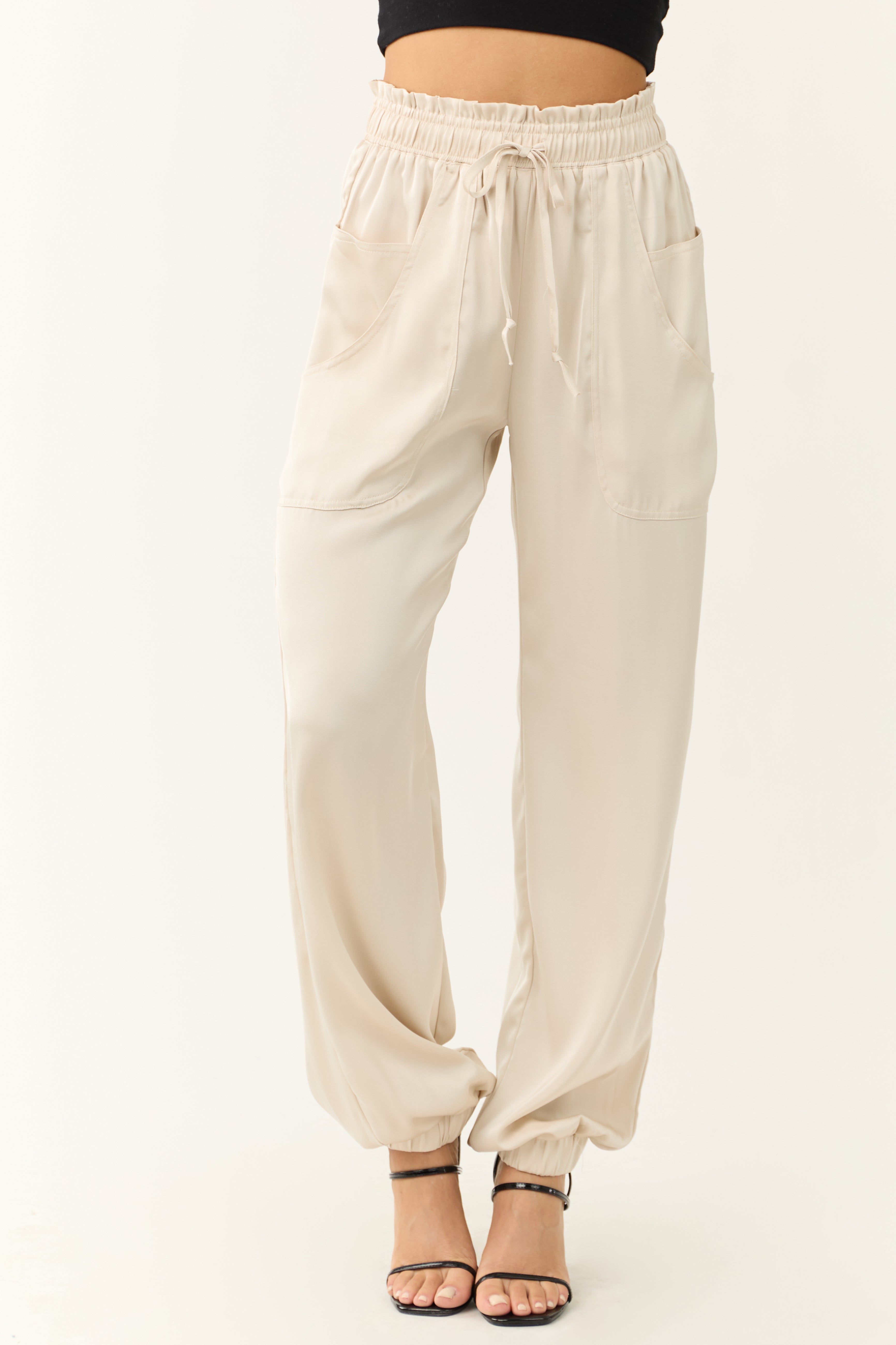 Vanilla Elastic Waist Satin Joggers