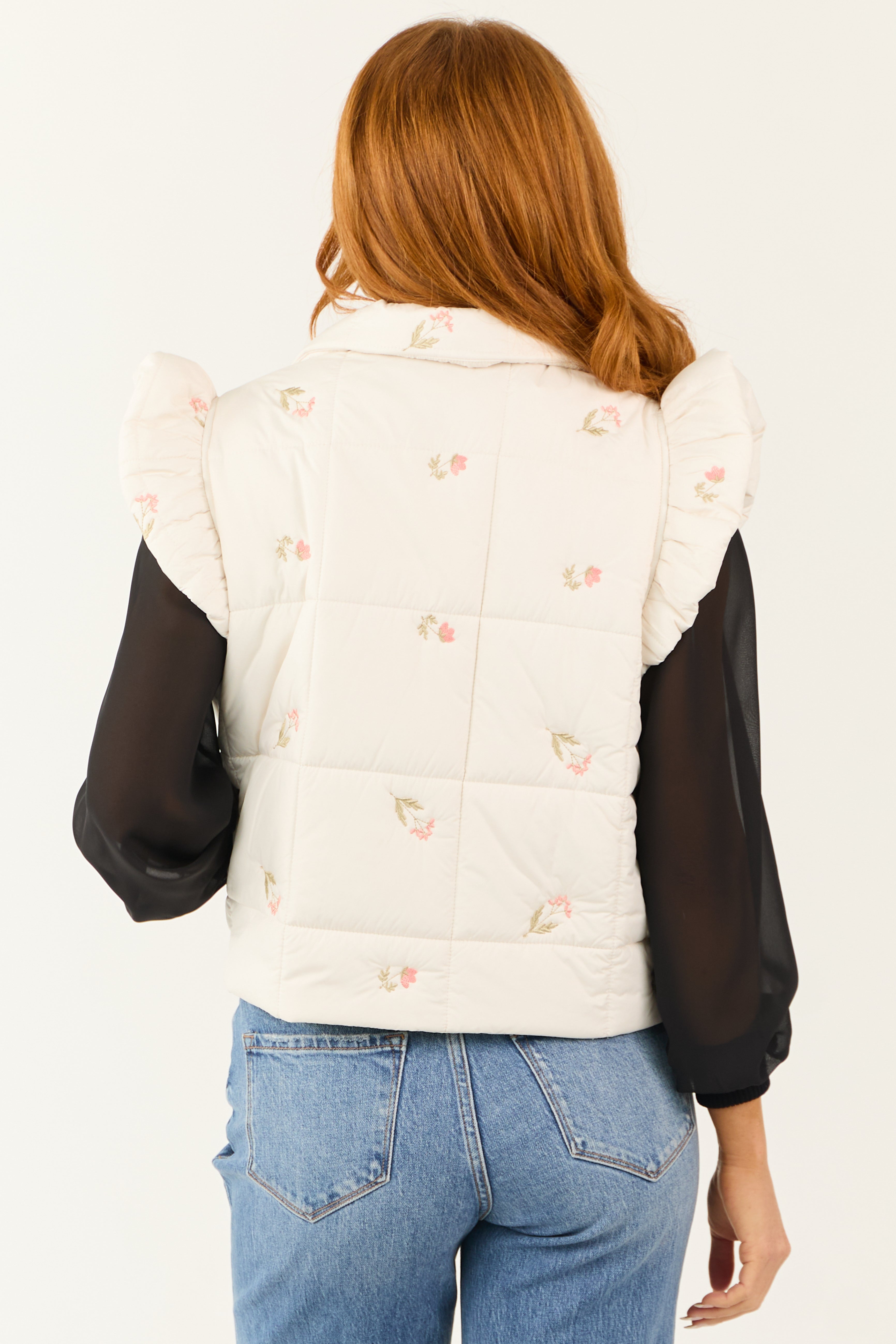 Vanilla Floral Embroidered Quilted Ruffle Vest