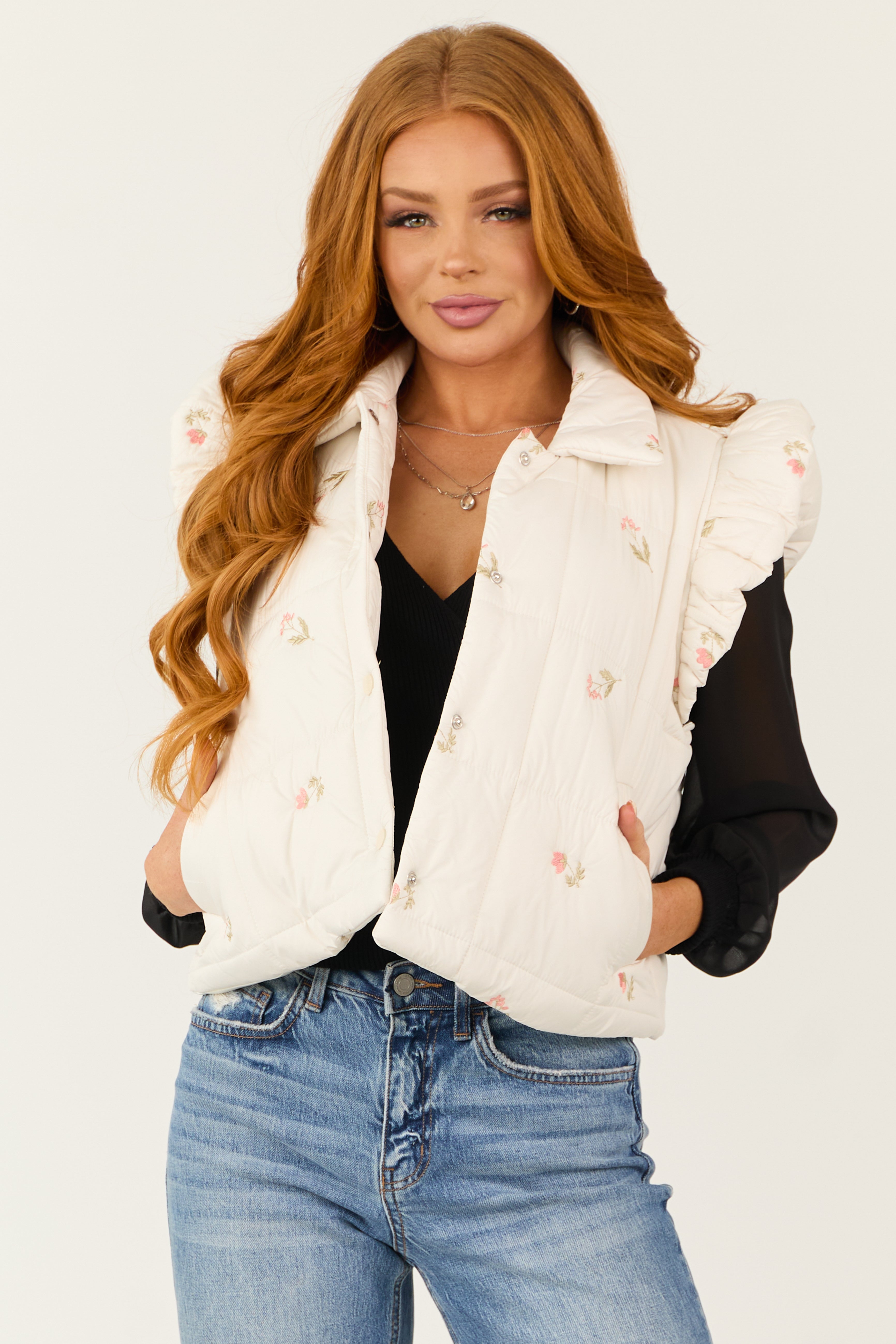 Vanilla Floral Embroidered Quilted Ruffle Vest