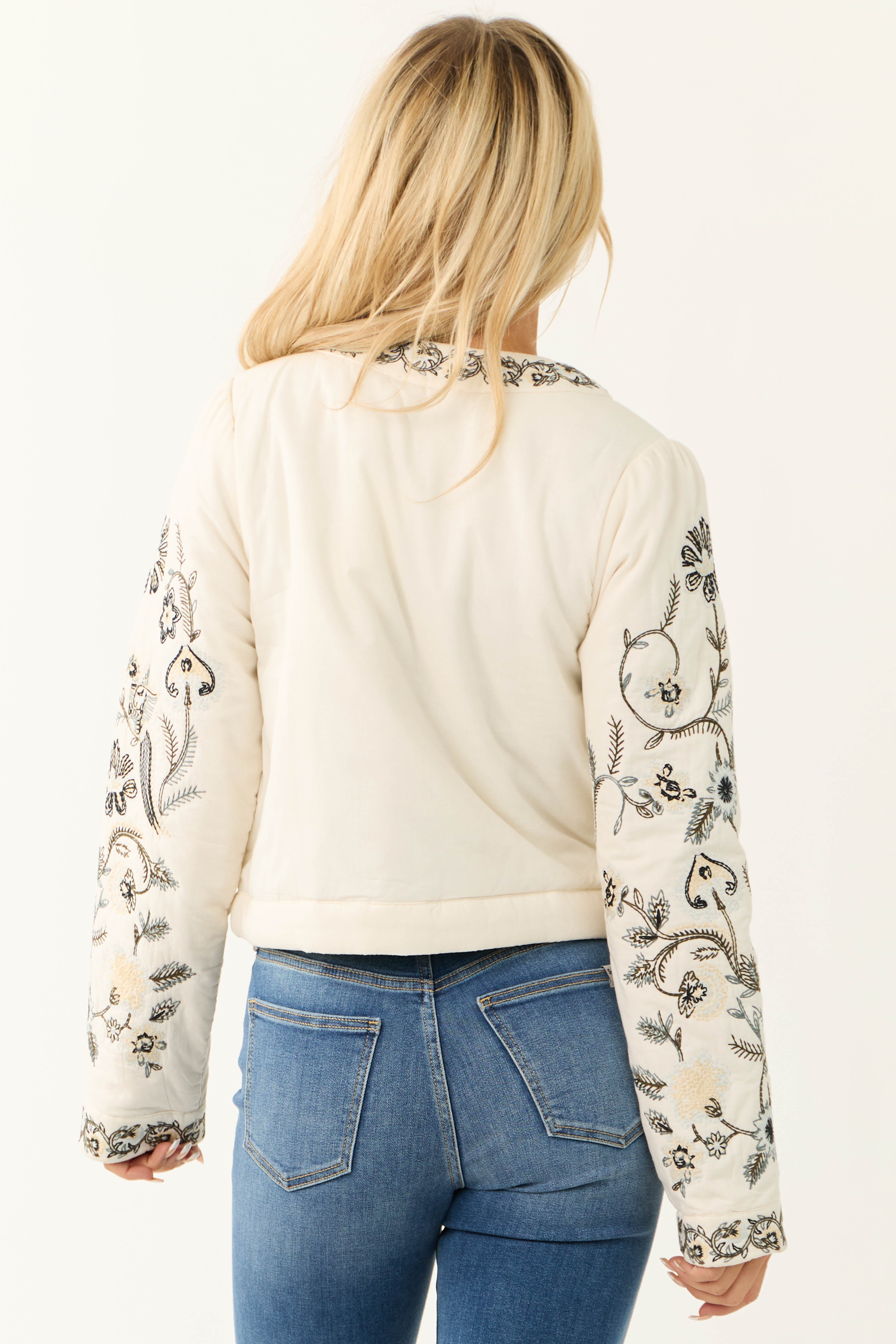 Vanilla Floral Embroidered Zip Up Jacket