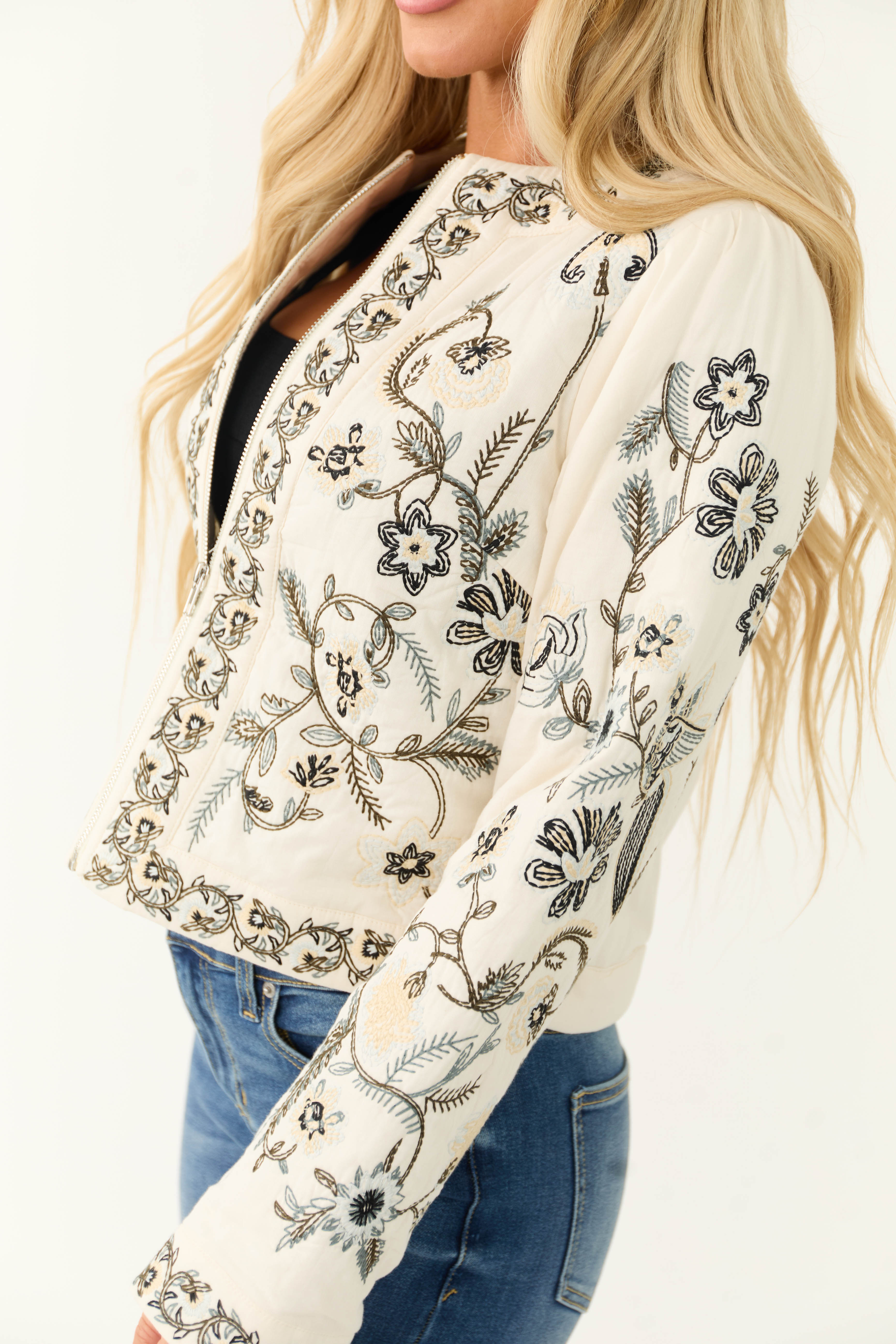 Vanilla Floral Embroidered Zip Up Jacket