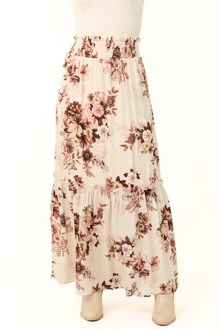 Vanilla Floral Print Smocked Waist Maxi Skirt