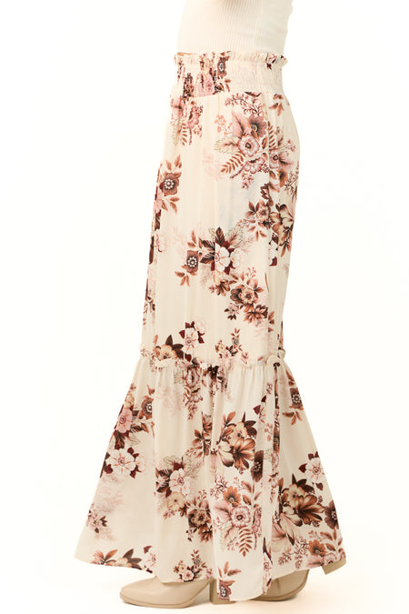 Vanilla Floral Print Smocked Waist Maxi Skirt