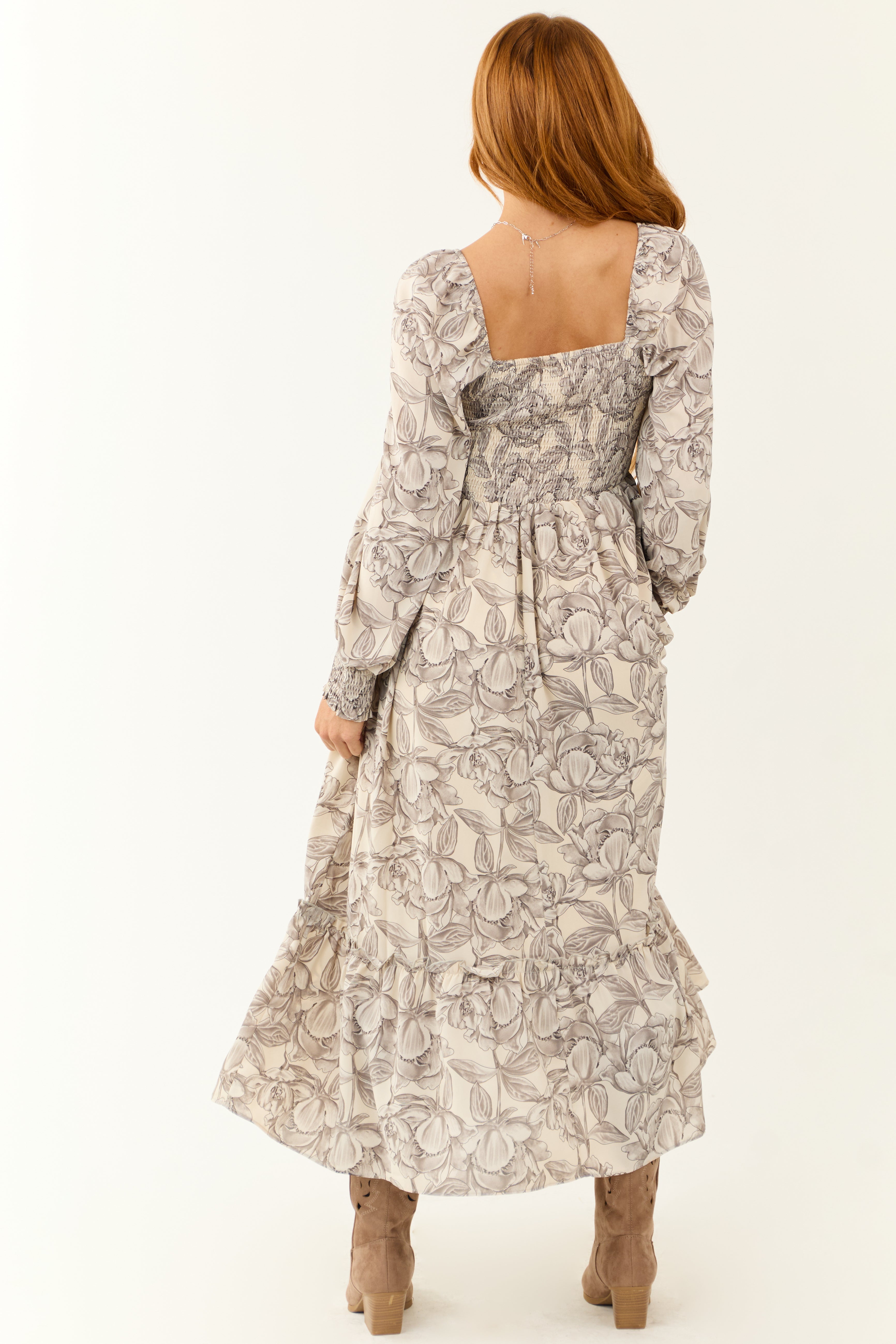 Vanilla Floral Print Square Neck Maxi Dress