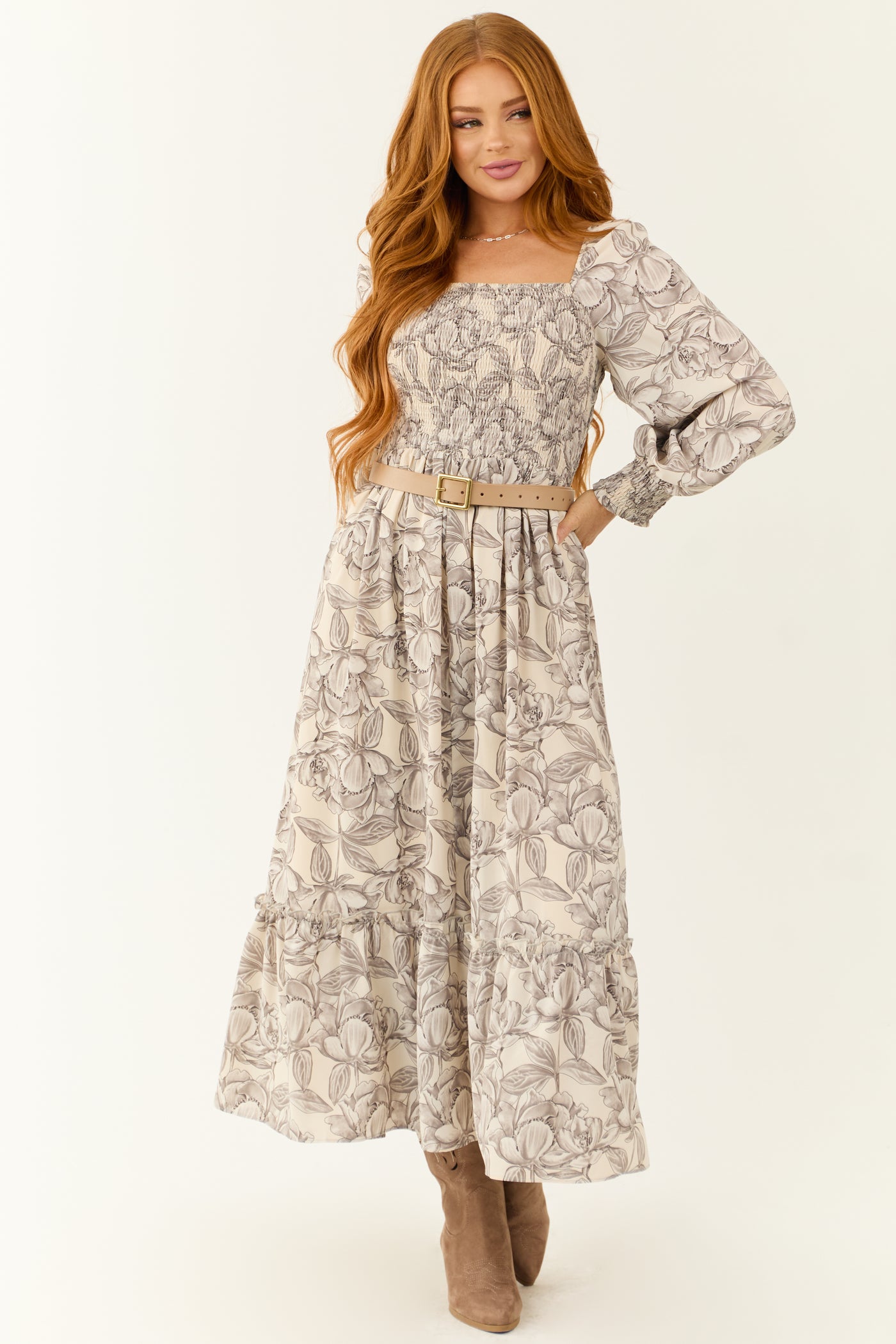 Vanilla Floral Print Square Neck Maxi Dress