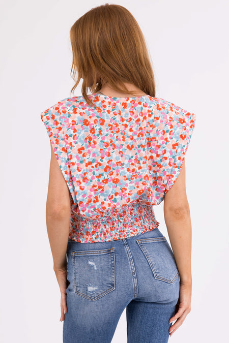 Vanilla Floral Print Surplice Short Sleeve Top