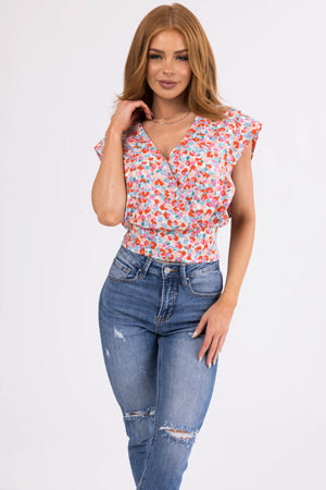 Vanilla Floral Print Surplice Short Sleeve Top