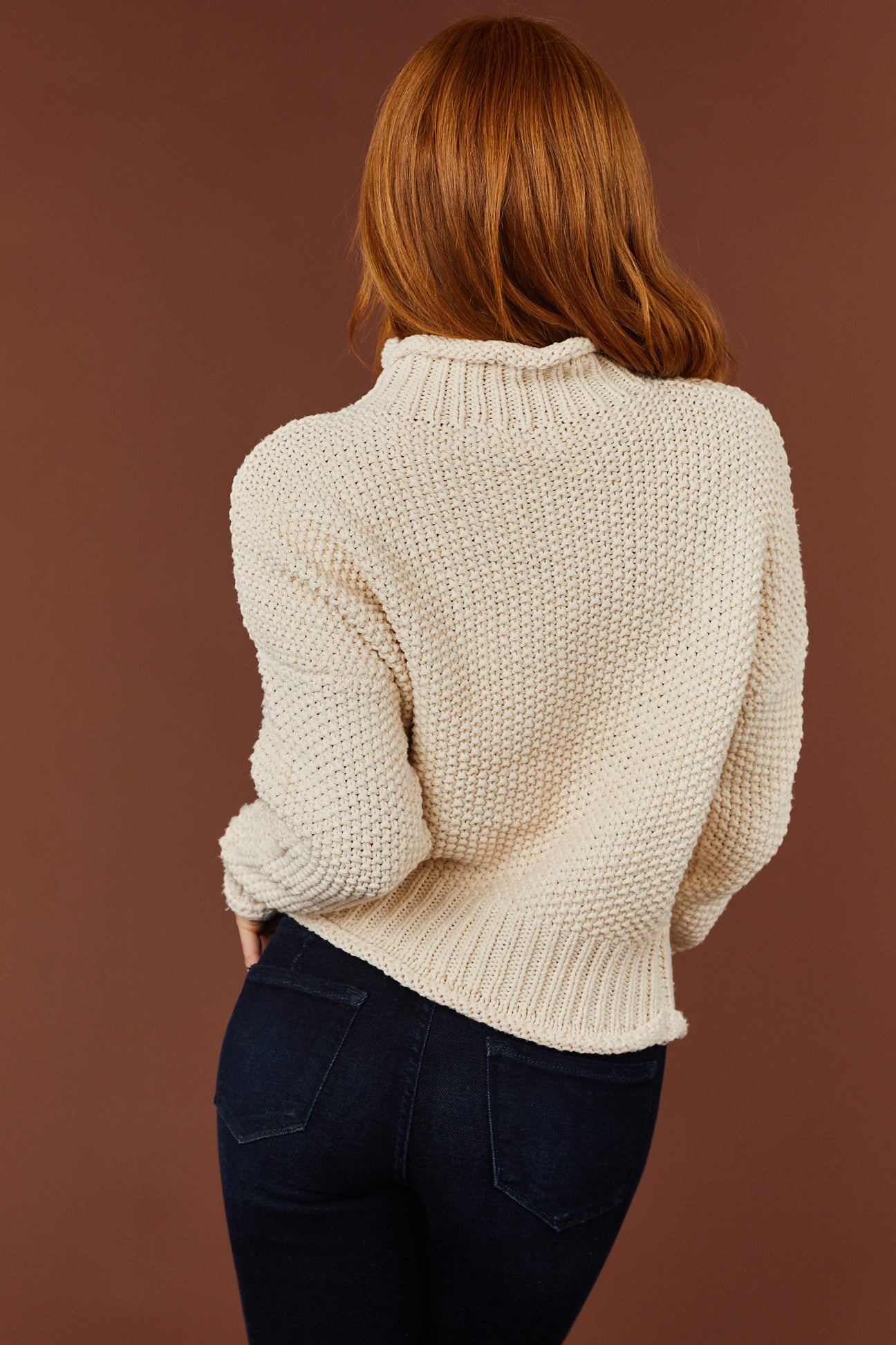 Vanilla Mock Neck Rolled Hem Chunky Sweater