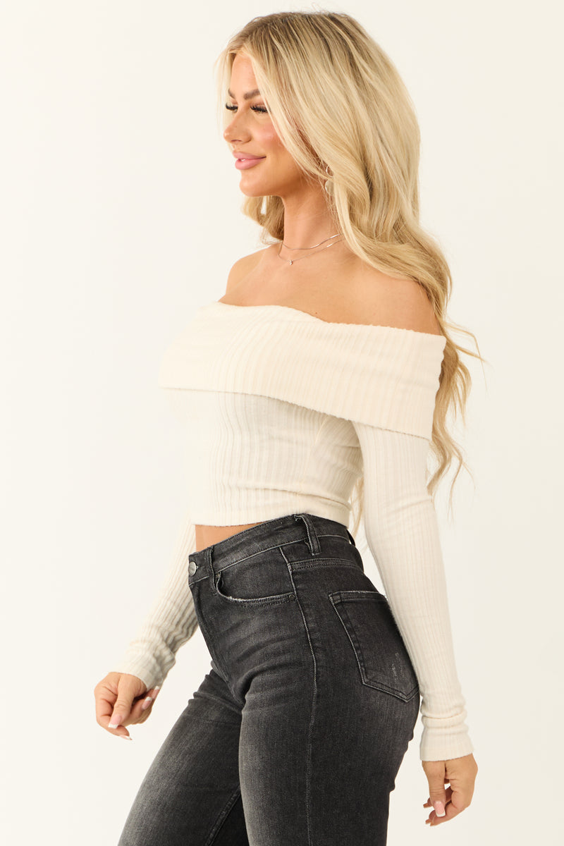 Vanilla Off Shoulder Long Sleeve Cropped Knit Top