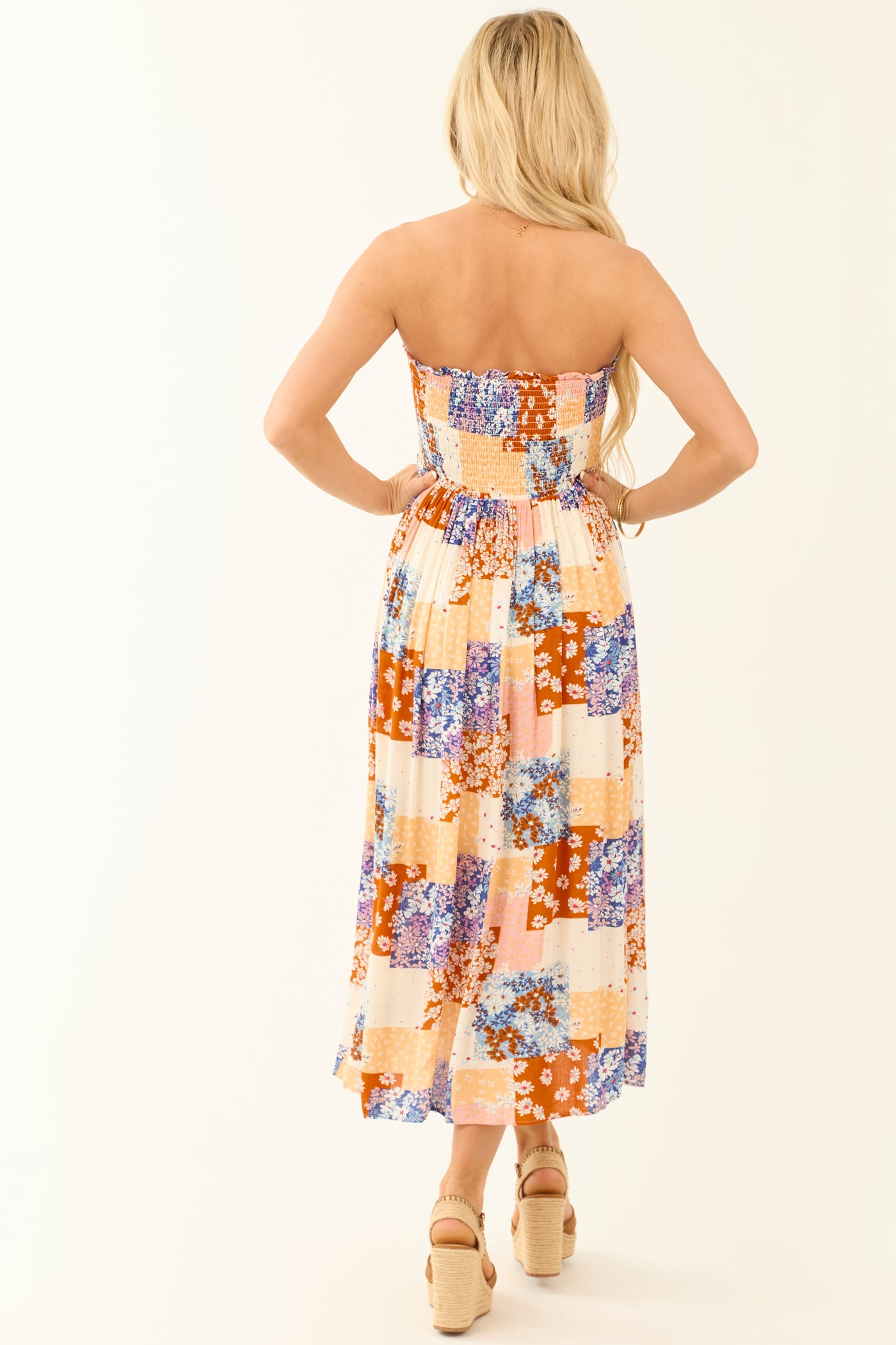 Vanilla Patchwork Floral Print Strapless Midi Dress