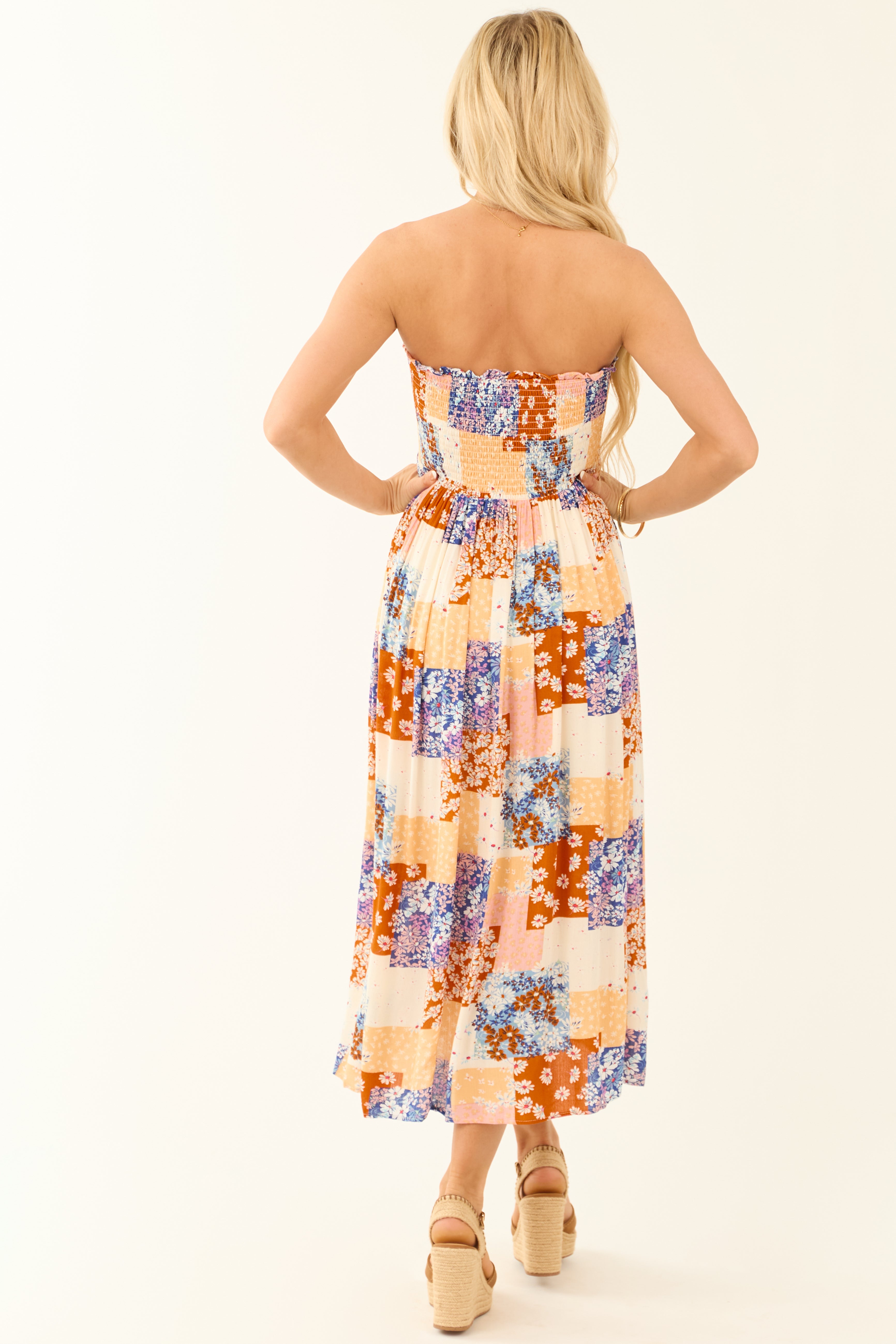 Vanilla Patchwork Floral Print Strapless Midi Dress