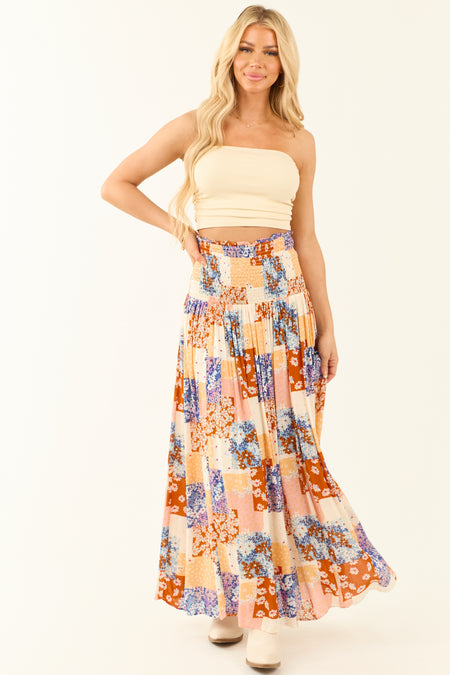 Vanilla Patchwork Floral Print Strapless Midi Dress