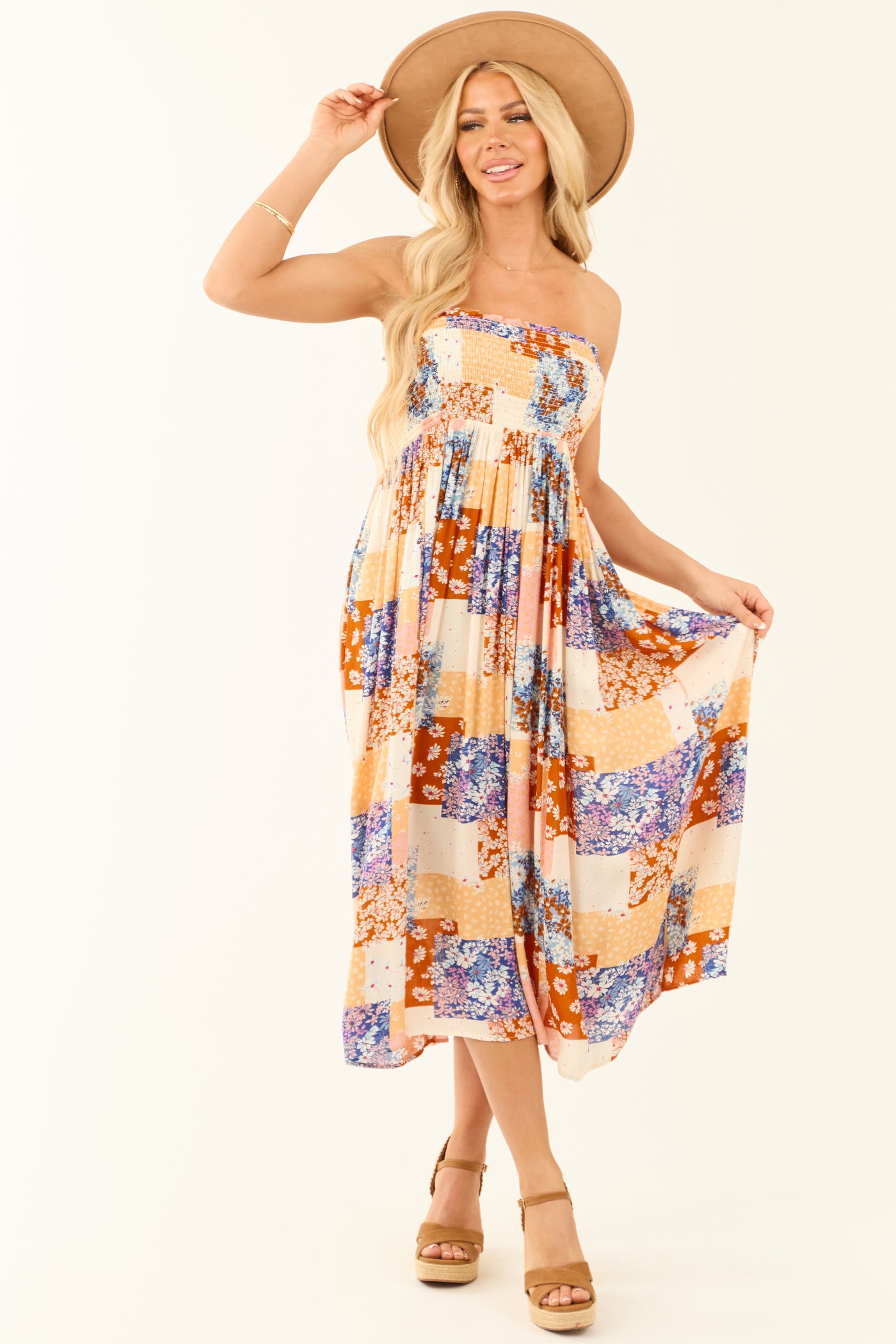 Vanilla Patchwork Floral Print Strapless Midi Dress