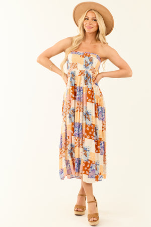 Vanilla Patchwork Floral Print Strapless Midi Dress